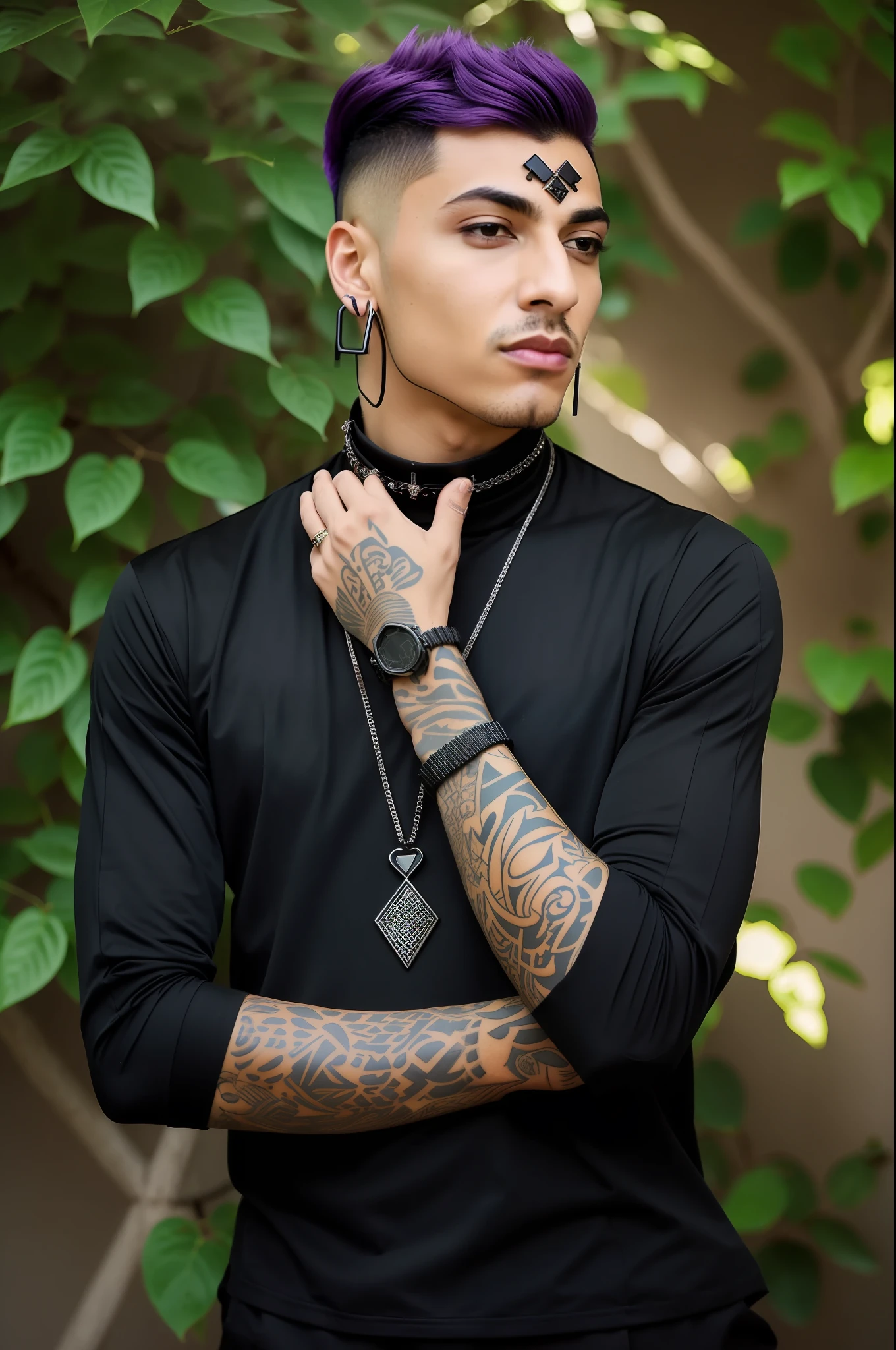 arafed man with a purple hair and a black shirt, insectile forearms folded, black turtle neck shirt, male model, androgynous male, wearing space techwear, wears a egyptian ankh necklace, mid shot portrait, wearing intricate black choker, black jewellery, masculine pose, wearing shipibo tattoos, attractive male, model is wearing techtical vest