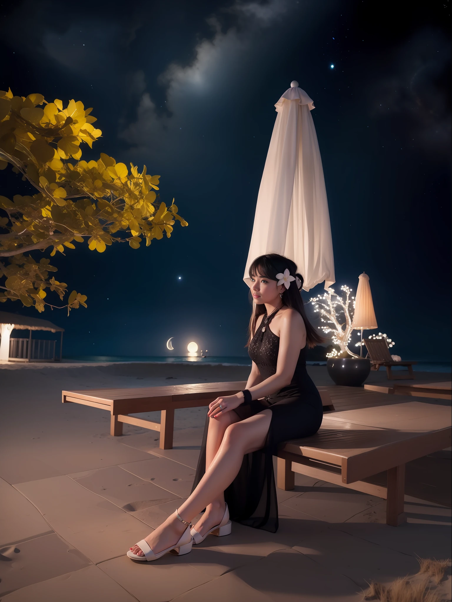 Starry night at beach, moon light, ultra detailed beautiful legs, ultra detailed beautiful hands, ultra detailed beautiful face, realistic, beautiful girl
