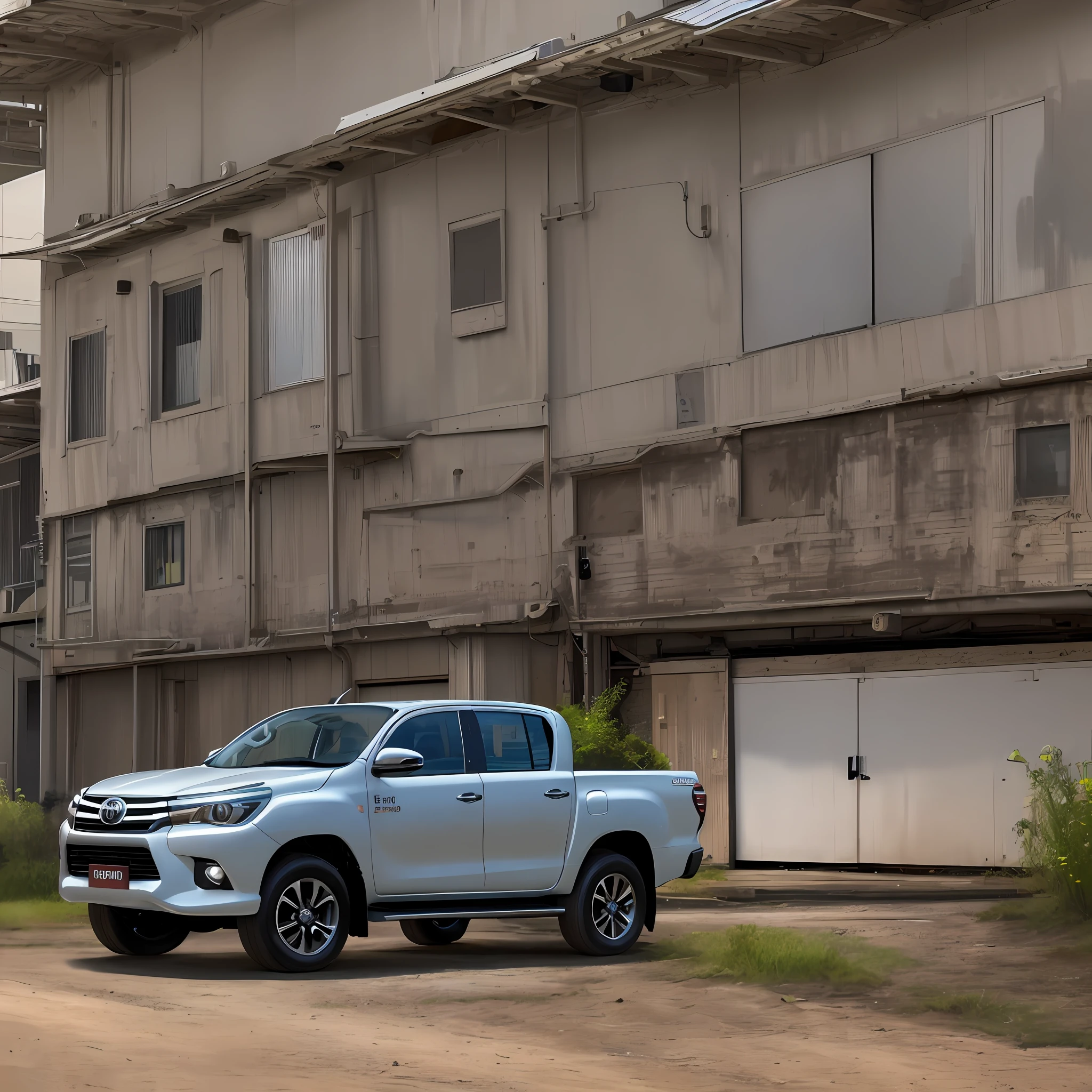Realistic 4K photo of a 2016 Toyota Hilux entering the courtyard of a workshop