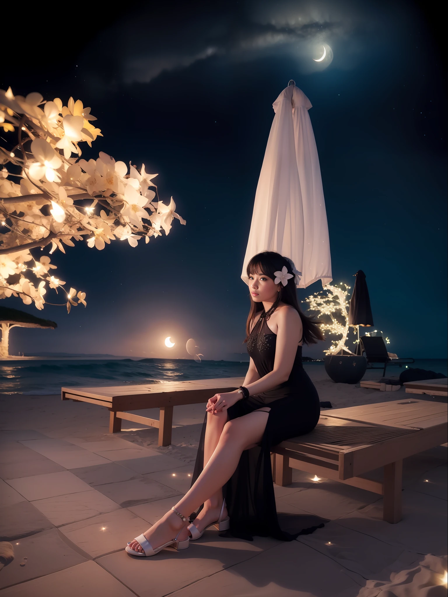 Starry night at beach, moon light, ultra detailed beautiful legs, ultra detailed beautiful hands, ultra detailed beautiful face, realistic, beautiful girl