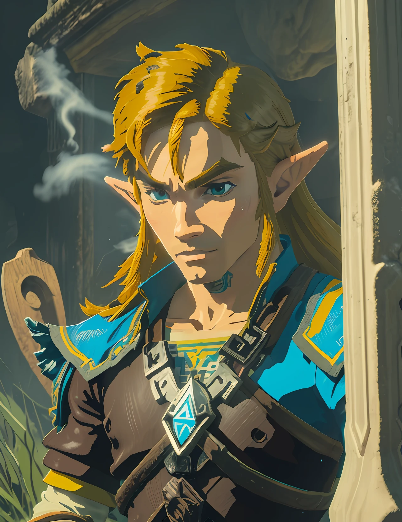 poster print of link of prince of zelda, Sricker art, 90´s style, sticker of vintage hard steam zigarrete, vintage ilustration, black and white and yellow contrast