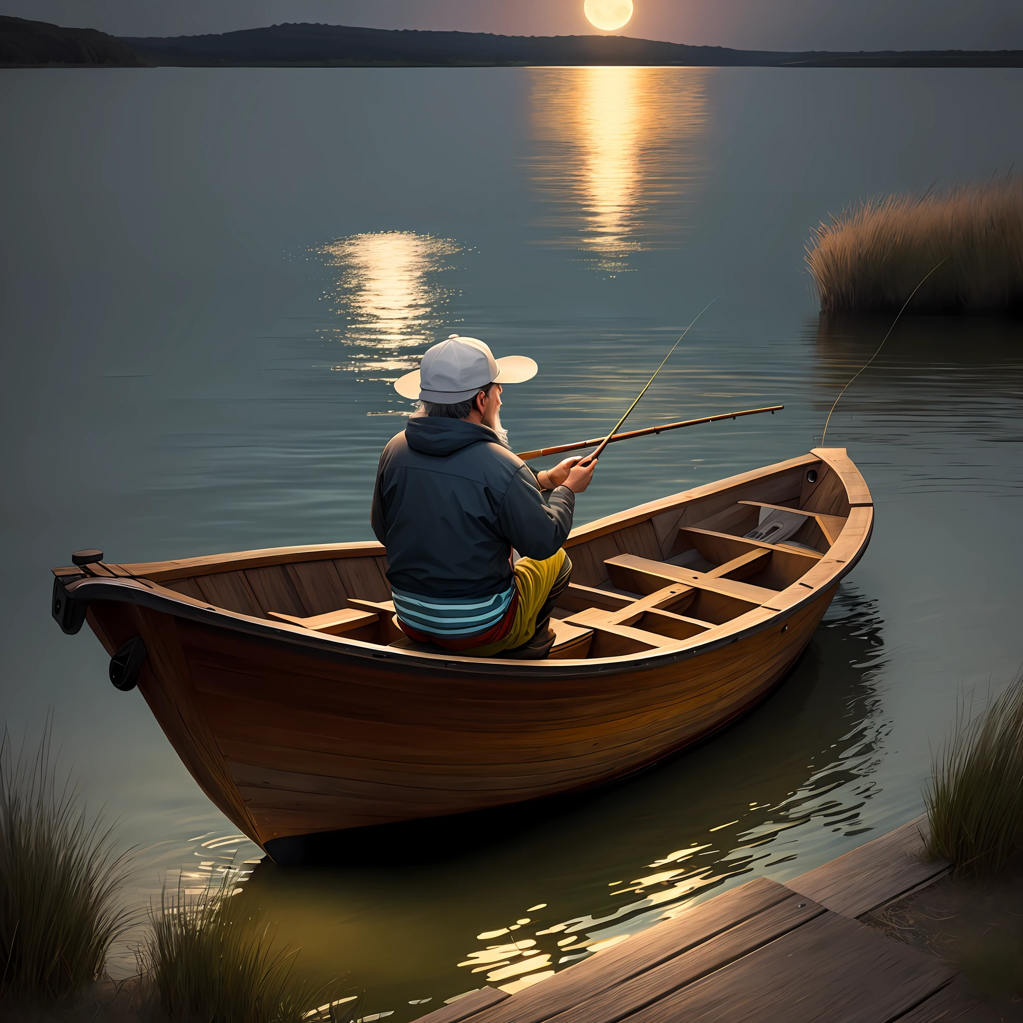 fisherman on the lake, full moon, photorealism