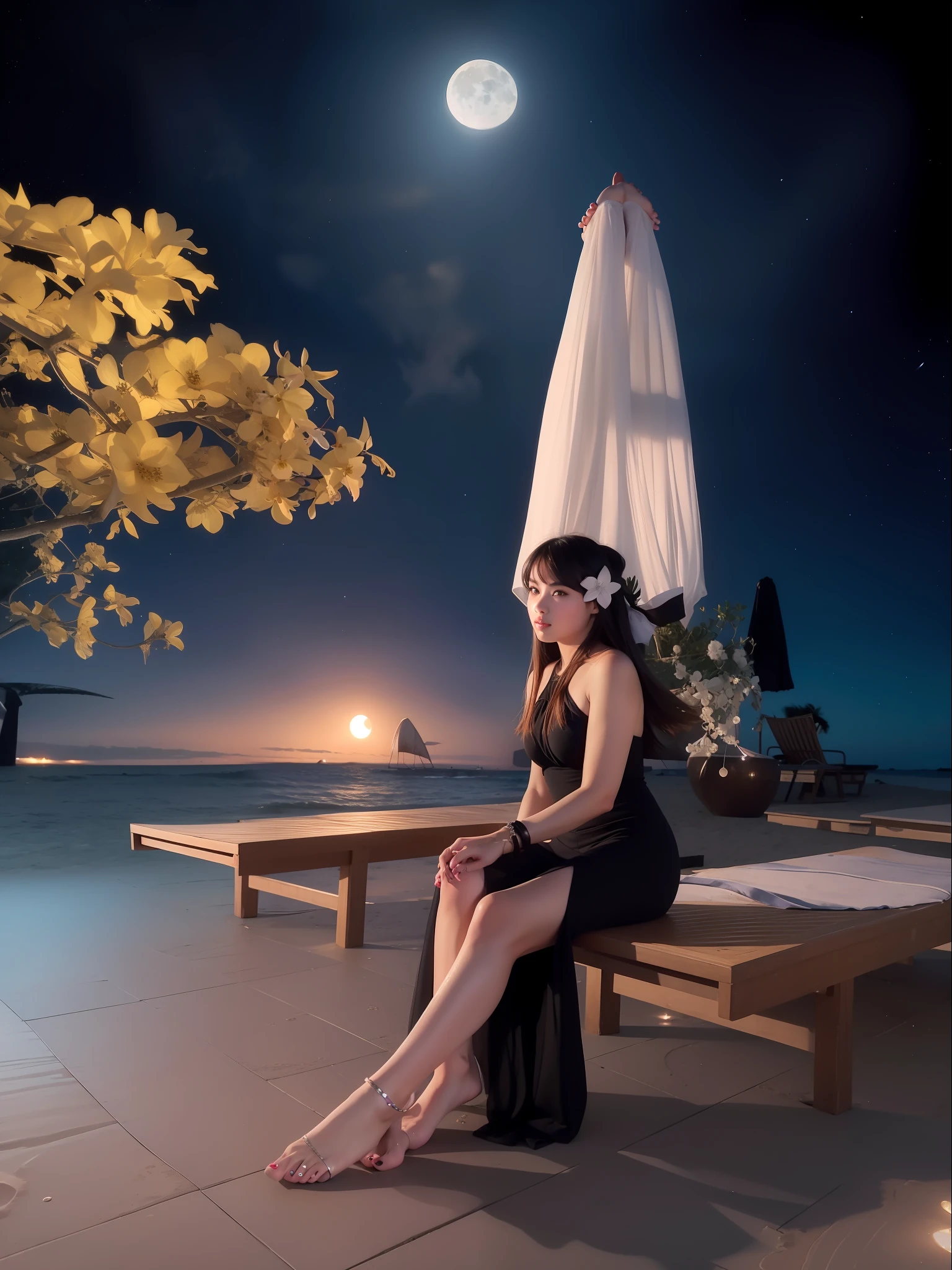 Starry night at beach, moon light, ultra detailed beautiful legs, ultra detailed beautiful toes, ultra detailed beautiful hands, ultra detailed beautiful face, beautiful girl