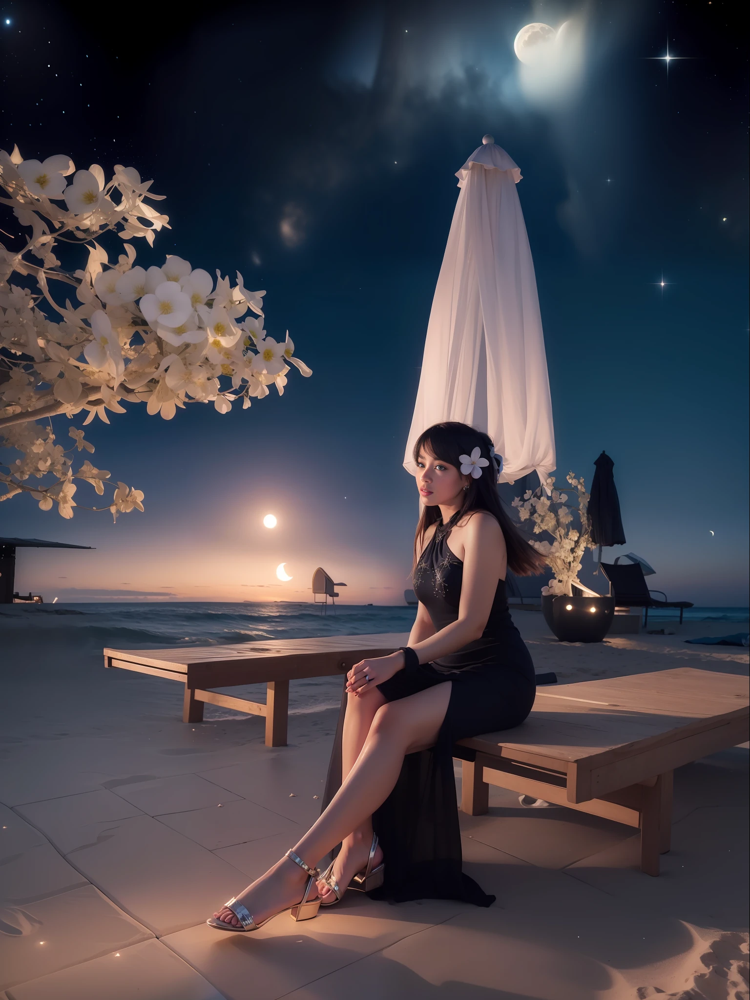 Starry night at beach, moon light, ultra detailed beautiful legs, ultra detailed beautiful hands, ultra detailed beautiful face, realistic, beautiful girl