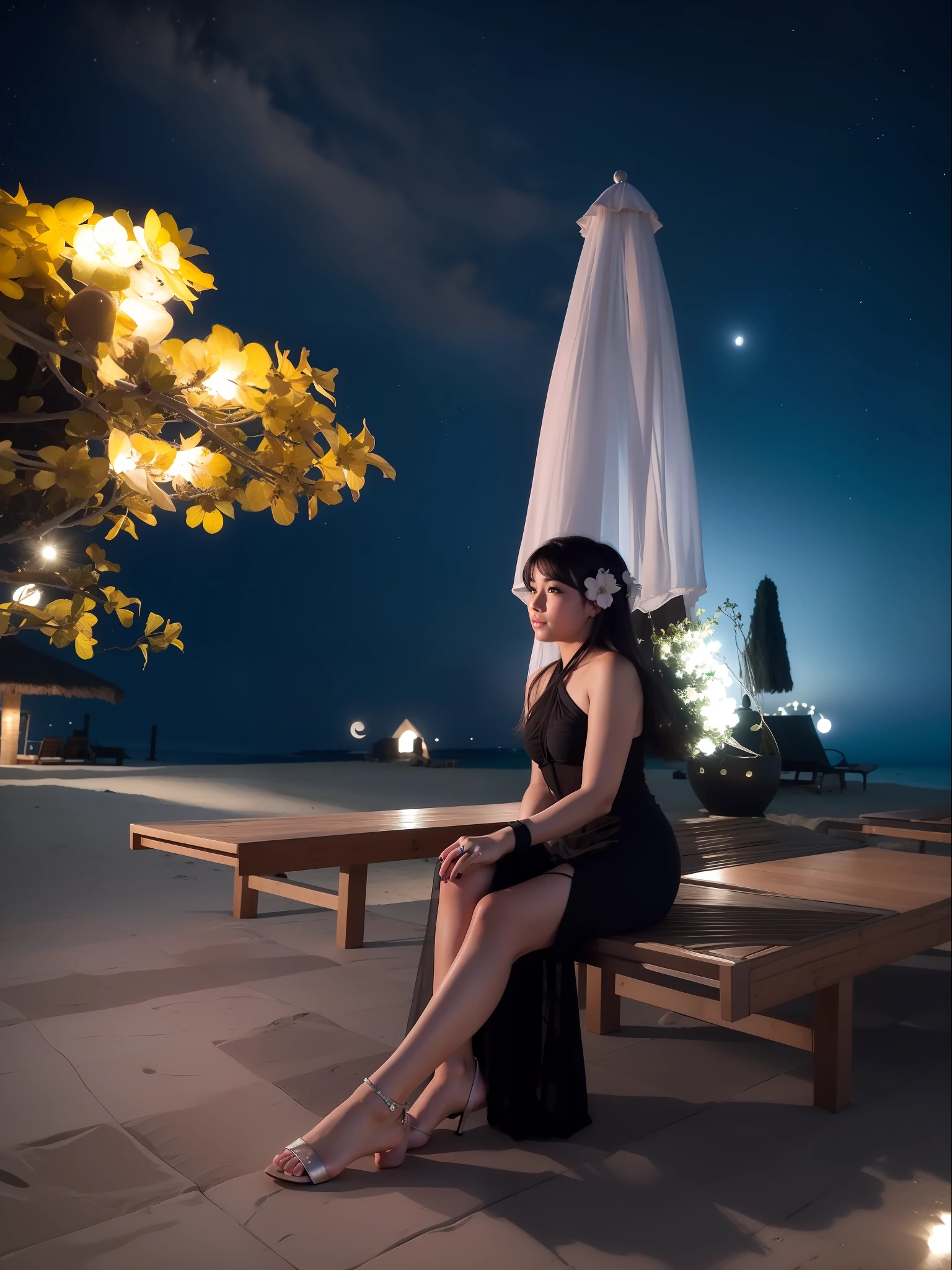 Starry night at beach, moon light, ultra detailed beautiful legs, ultra detailed beautiful toes, ultra detailed beautiful hands, ultra detailed beautiful face, beautiful girl