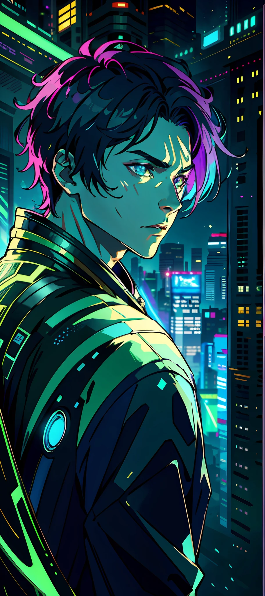 portrait | wide angle shot of eyes off to one side of frame, lucid dream-like man, looking off in distance ::8 style | daydreampunk with glowing skin and eyes, handsome, (handsome young man), he is dripping in neon lights, very colorful blue, green, purple, stylish hair, glowing ::8 background | forest, vivid neon wonderland, particles, blue, green, purple ::7 parameters | rule of thirds, golden ratio, assymetric composition, hyper- maximalist, octane render, photorealism, cinematic realism, unreal engine, 8k