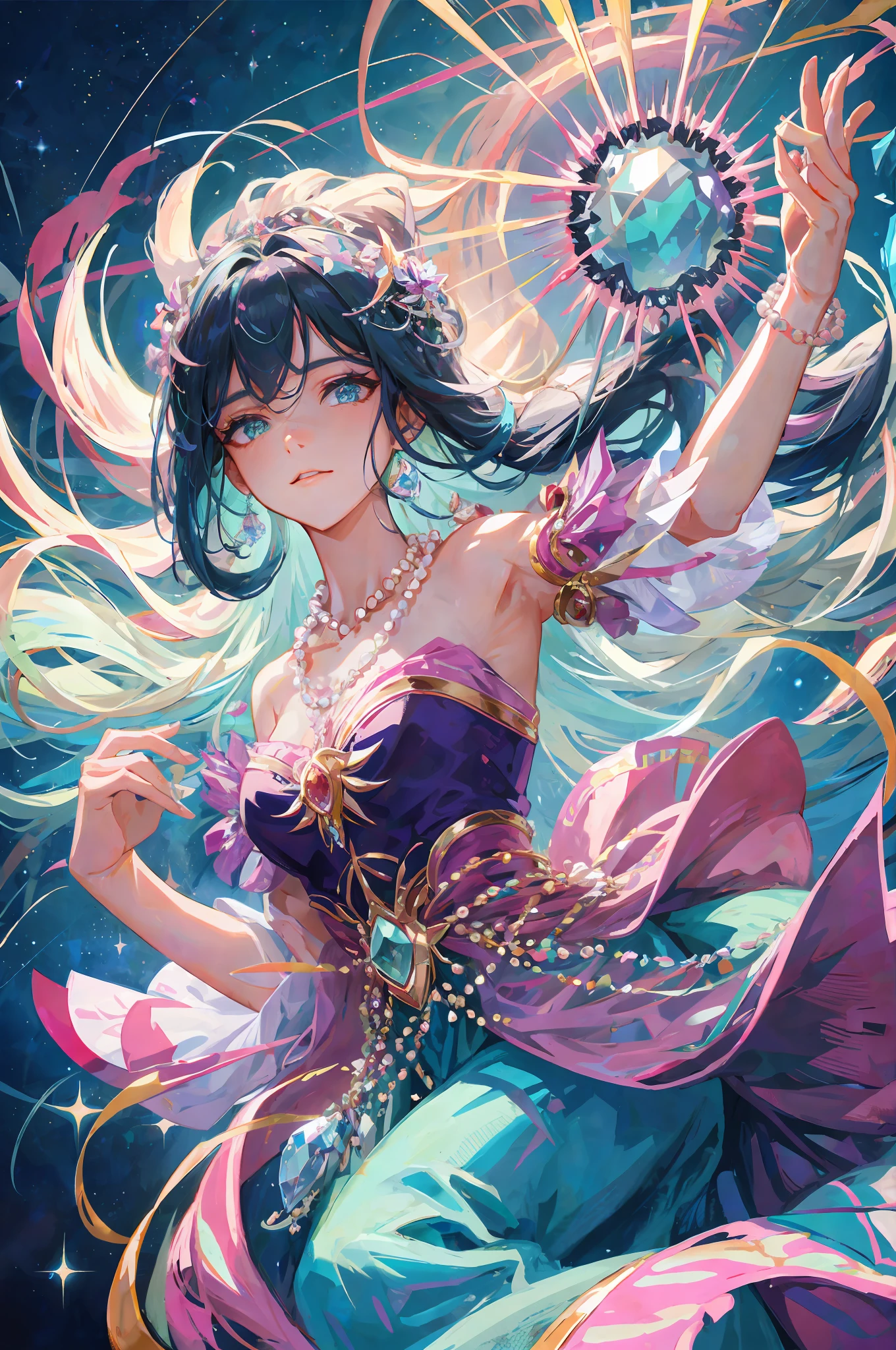 iridescent pearls, glowing flowy hair, casting a spell, gemstones and crystals on background,((masterpiece, best quality, ultra-detailed, high-resolution)), solo, beautiful girl, gleaming eye, perfect eye