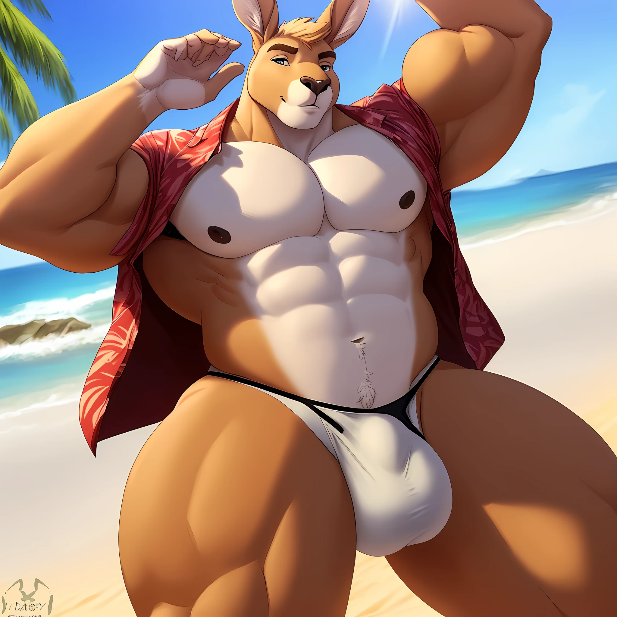 anthro, male, 1boy, solo focus, kangaroo, beach, day, dim, detailed eyes, see-through thong, (sheath and balls), open shirt, detailed clothing, bare chest, big pecs, muscular, tall, extreme swimsuit bulge, thong