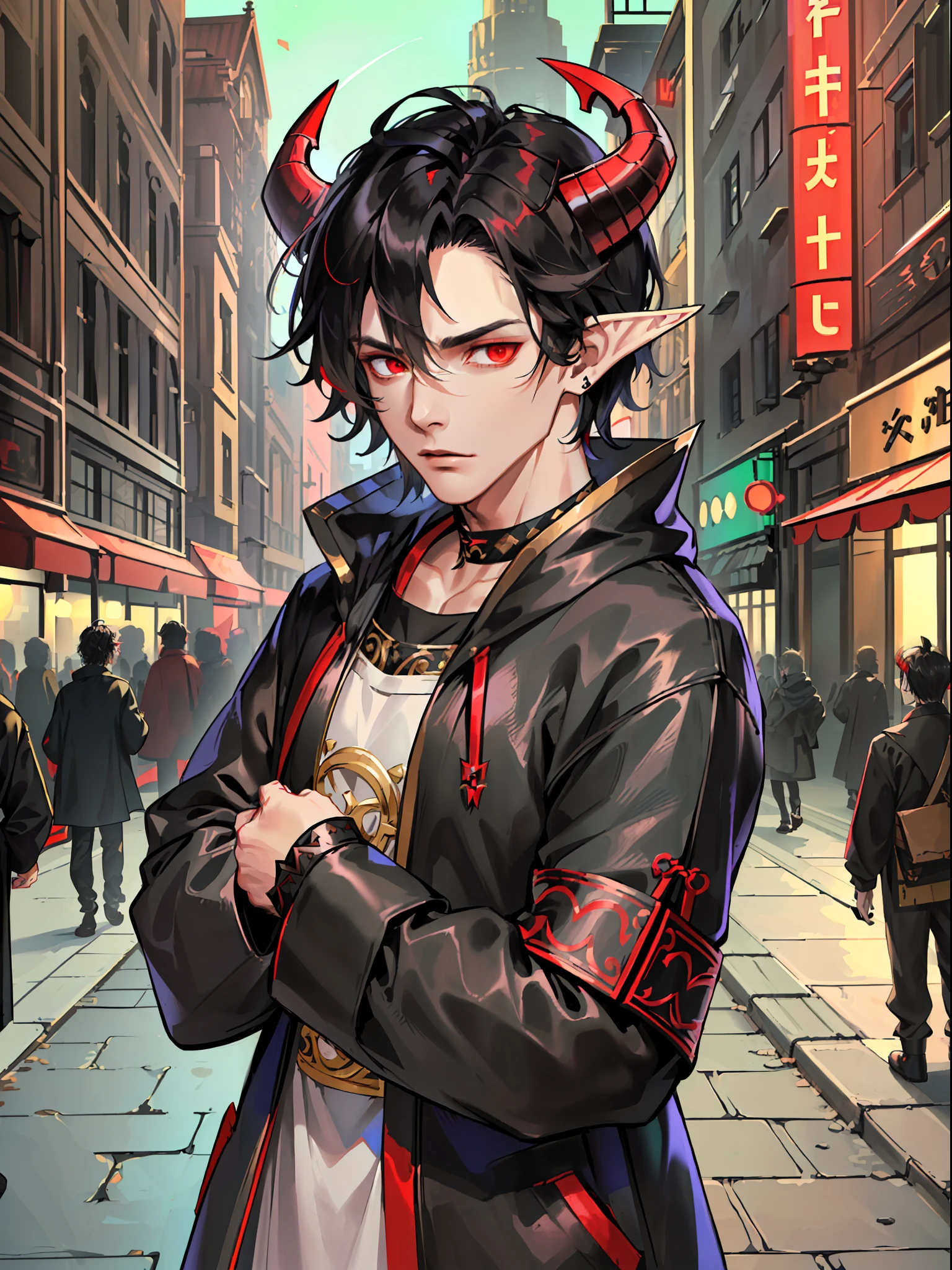 ((highest quality, masterpiece, 4k, finely detailed, detailed eyes, detailed face, intricate details, gelbooru, pixiv)), warm lighting, idol, super idol, super model ((solo)), 1 male, (handsome, masculine, adult man, broad shoulders, tall guy, thin body), ((black hair, messy hair, short hair, bangs)), light skin, sharp features, (elf ears), ((baggy clothes, oversized clothes)), ((demon horns color fading from black to red)), ((sharp eyes, red eye color, tired expression, looking at viewer)), leaning against wall, hands in pockets, city at night background, street-style clothing, modern clothing, western-style clothing