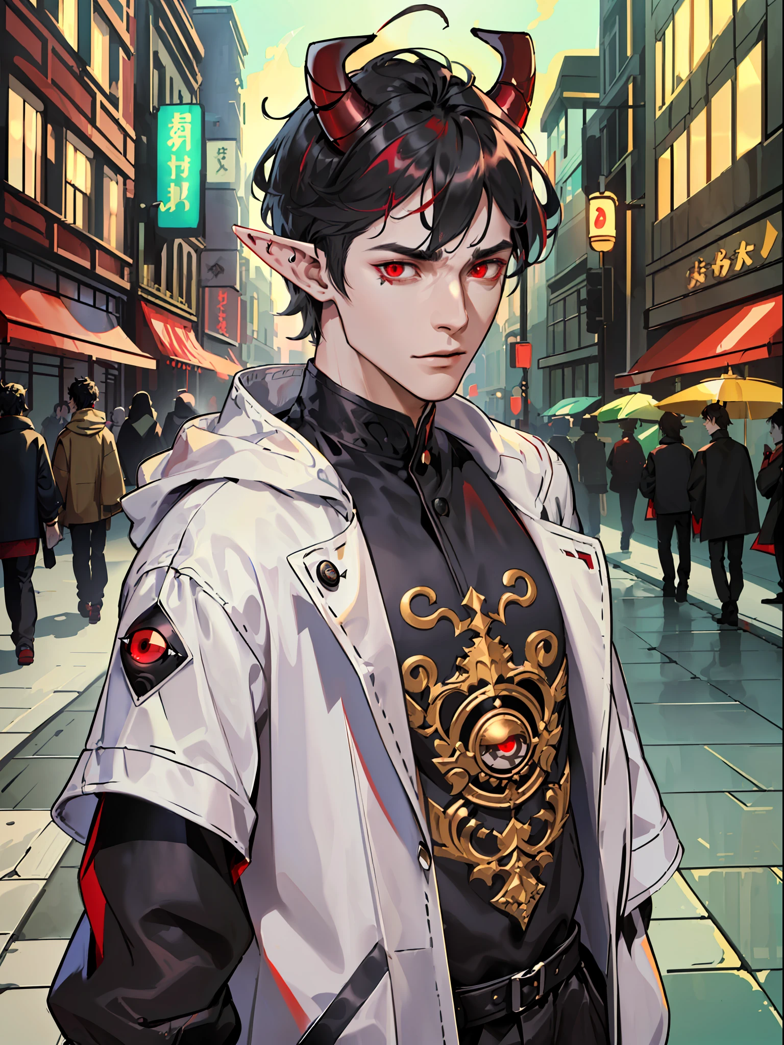 ((highest quality, masterpiece, 4k, finely detailed, detailed eyes, detailed face, intricate details, gelbooru, pixiv)), warm lighting, idol, super idol, super model ((solo)), 1 male, (handsome, masculine, adult man, broad shoulders, tall guy, thin body), ((black hair, messy hair, short hair, bangs)), light skin, sharp features, (elf ears), ((baggy clothes, oversized clothes)), ((demon horns color fading from black to red)), ((sharp eyes, red eye color, tired expression, looking at viewer)), leaning against wall, hands in pockets, city at night background, street-style clothing, modern clothing, western-style clothing