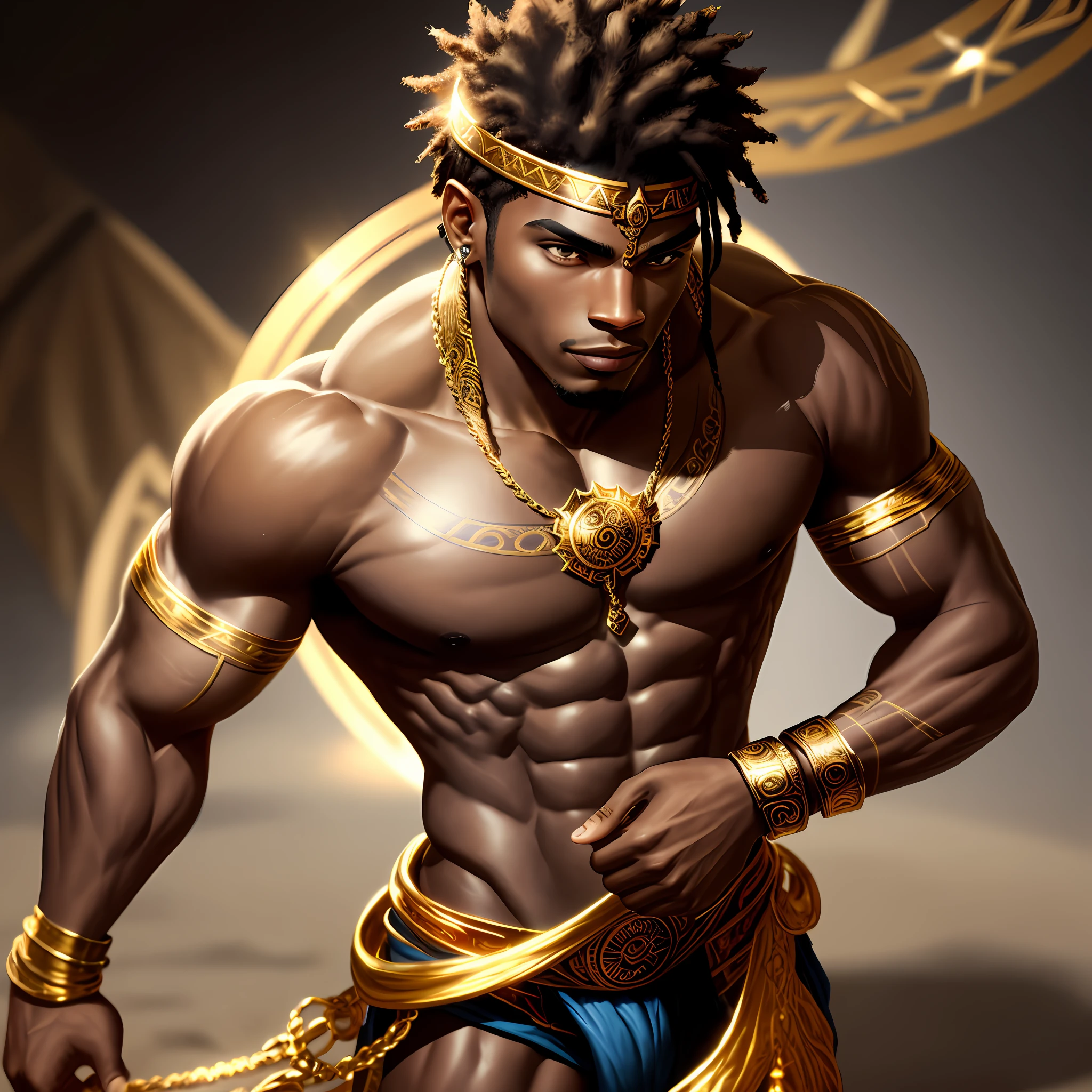 black male, athletic, fit, shirtless, golden bracelets, golden circlet, loincloth, tribal tattoos