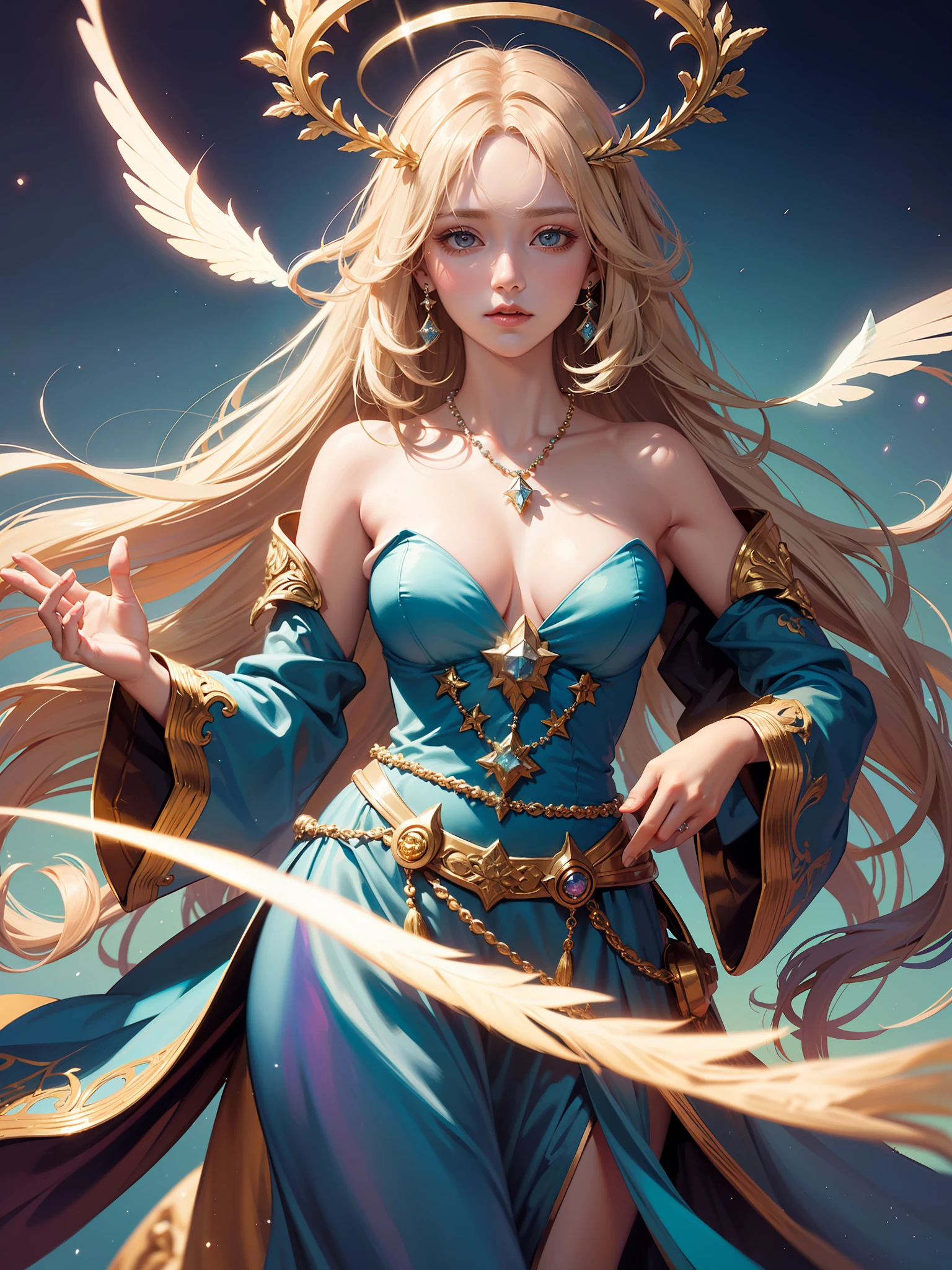 iridescent pearls, glowing blond flowy hair, casting a light spell, gemstones and crystals on background, golden halo, mage girl ((masterpiece, best quality, ultra-detailed, high-resolution)), solo, beautiful girl, gleaming eye, perfect eye