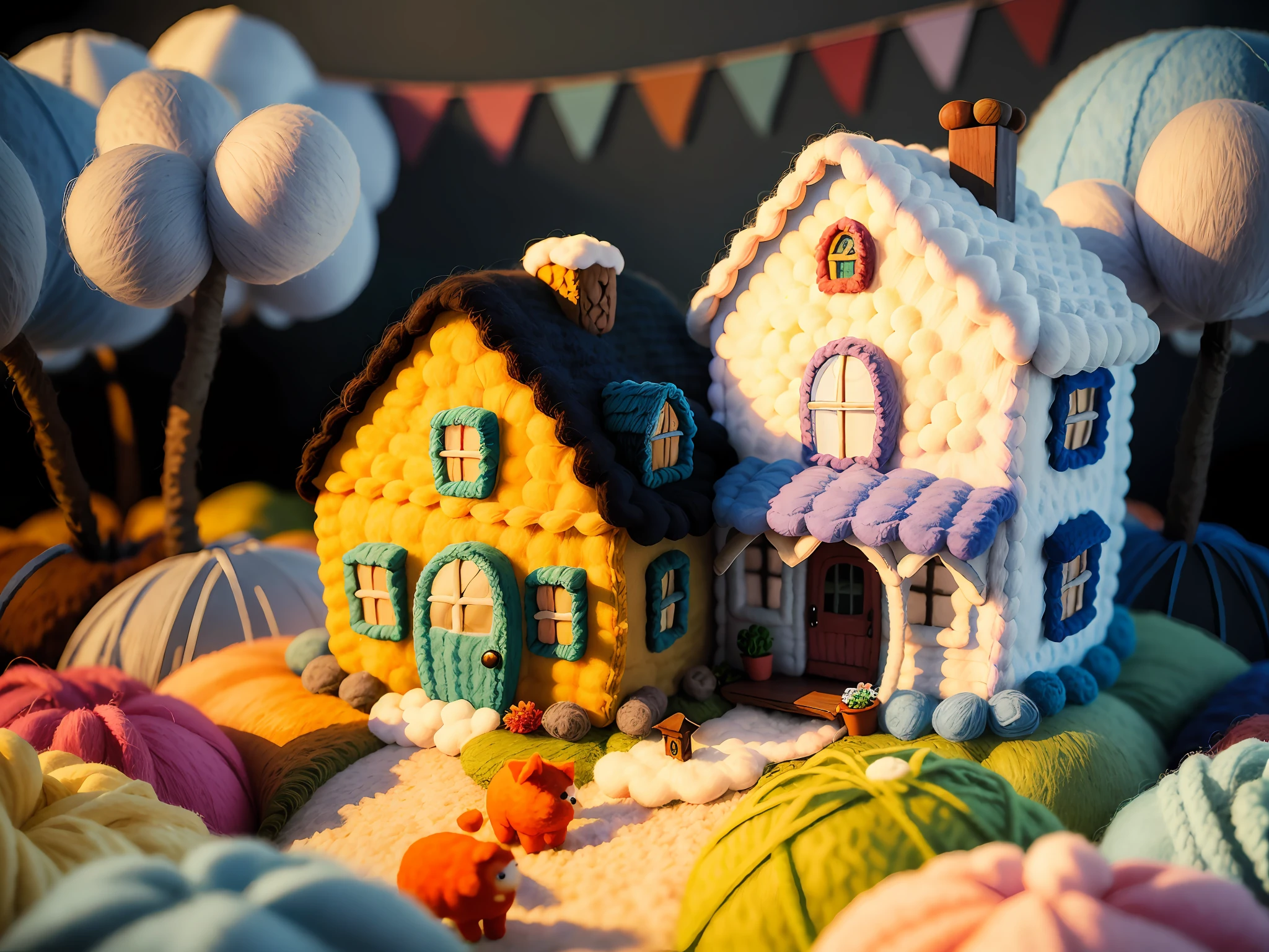 (Wool felt, wool knitted fabric, cute world of cartoon), cottage, flower house, flowers, animals, super cute, superb lighting, volume, 80mm lens, large aperture, 3d, masterpiece, super detail, best quality
