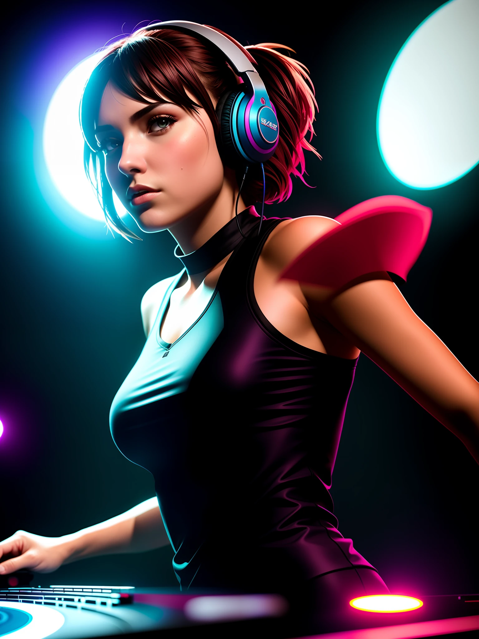 ssdarts a female dj with headphones, performing live on stage on a shiny dj turntable, dynamic pose, extatic, sweaty skin, sweaty clothes,wet short hair, ,dark athmosphere, Hyper-Realistic, Hyper-Detailed, best quality masterpiece, photorealistic, detailed, sharp focus, 8k, HDR, shallow depth of field, broad light, high contrast, backlighting, bloom, chromatic aberration, sharp focus,Artgerm, Greg Rutkowski, 35mm