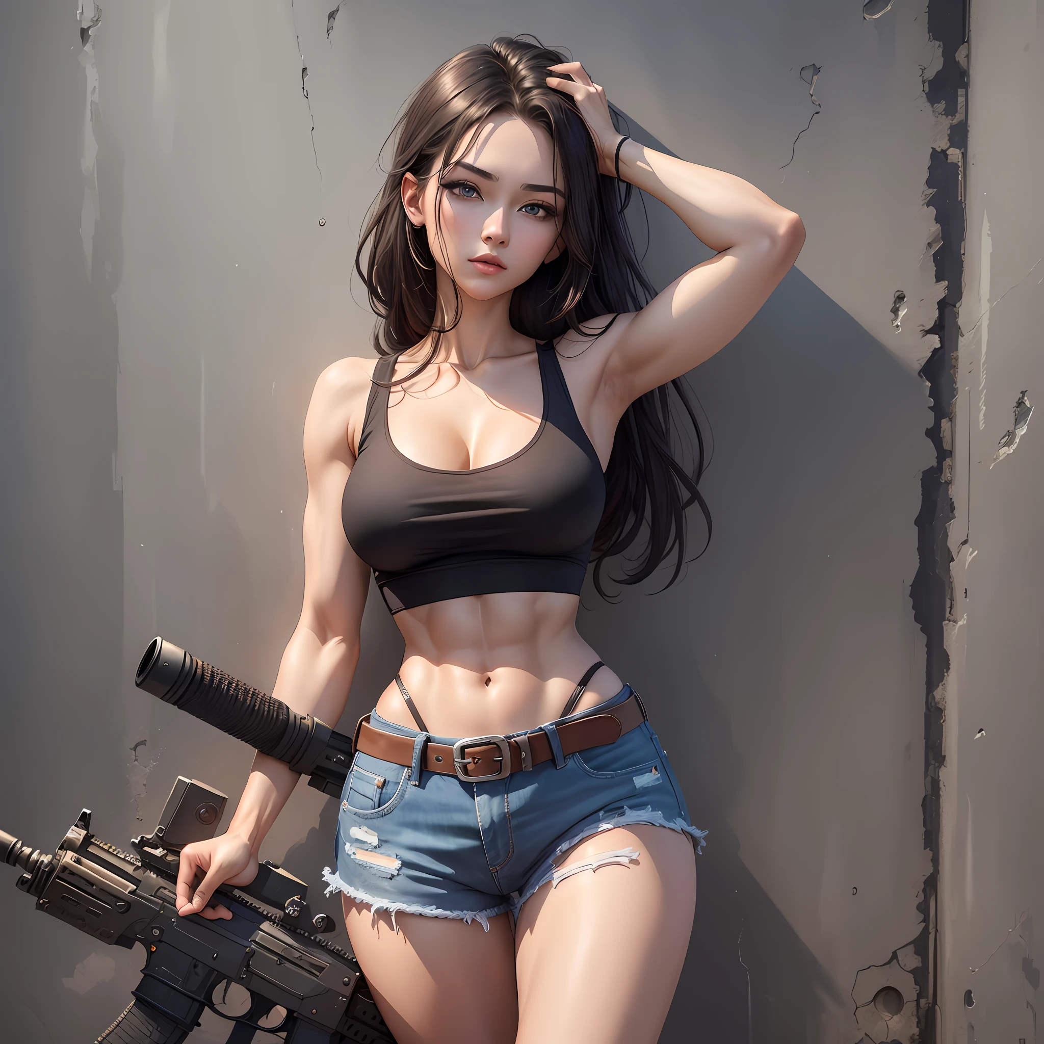 ((Top Quality, 8k, Masterpiece: 1.3)), 1 woman, Beautiful girl with slender abs: 1.3, (Hairstyle random, big: 1.2), Black tank top, damaged denim shorts: 1.3, Military belt, Assault Rifle: 1.3, Tactical boots, Skyscraper rooftop 1.2, Ultra detailed face, detailed eyes, double eyelids