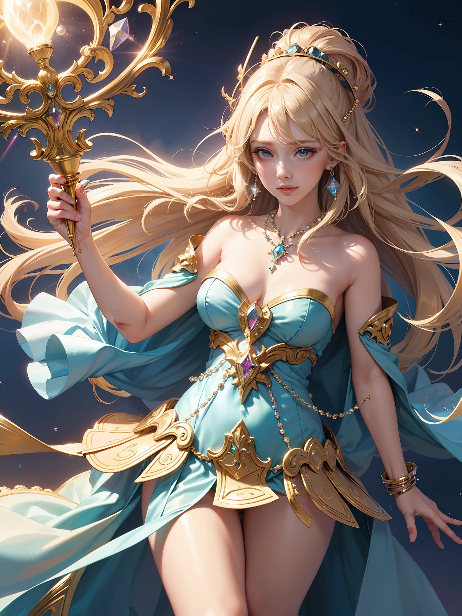 iridescent pearls, glowing blond flowy hair, casting a light spell, gemstones and crystals on background, golden halo, mage girl ((masterpiece, best quality, ultra-detailed, high-resolution)), solo, beautiful girl, gleaming eye, perfect eye