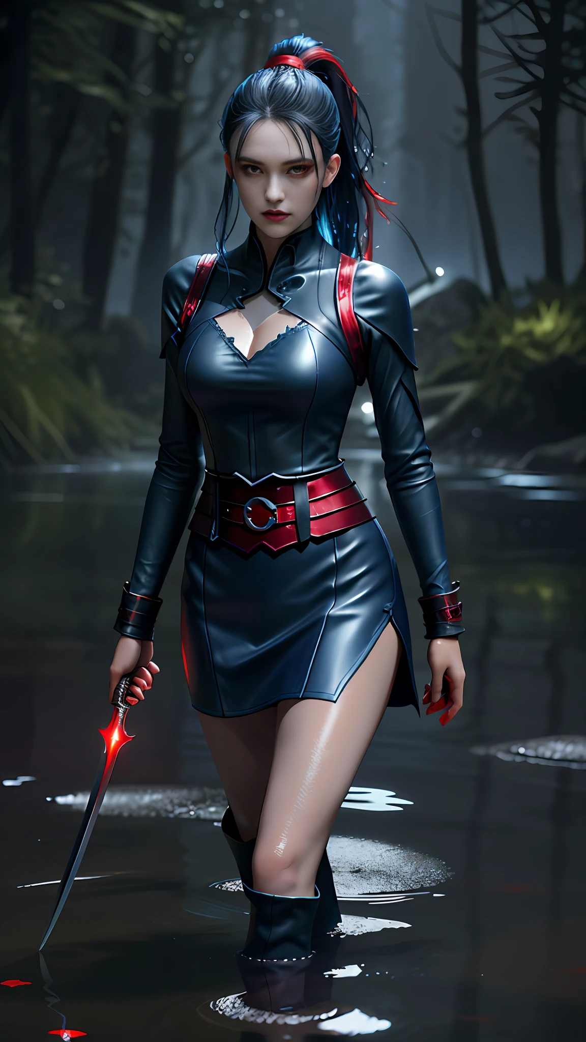 Perfect waist cut, Large breasts, Warrior girl with a small short sword on hand, Skimpy leather glossy clothes ,dark blue hair with red highlights, (perfect nose), Seductive gaze, dark blue boots on high heels with red highlights, (Best Illustration), 8k Resolution, Intricate Details, Best Quality, Realistic, Ultra Detailed, Best Lighting, Best Shadows, Ultra HD, A Necromancer style, Night, Magic, Dark Style, Vampire, (shining red eyes:1.6), masterpiece, high_res, Beautiful face, tyndall effect, photo realistic, (high detailed skin:1.2), 8k uhd, dslr, high quality, Photograph, high resolution, 4k, 8k, Bokeh, absurdres, ponytail contorted, best ratio four finger and one thumb, front view, dark blue hair gorgeous, perfect proportional skinny fitness body, full body view, wet skin, wet clothes, dark cathedral baground scenery, huge bobs, belly muscle, long fit perfect legs, fishnet dark red Stockings, realistic reflection in the water