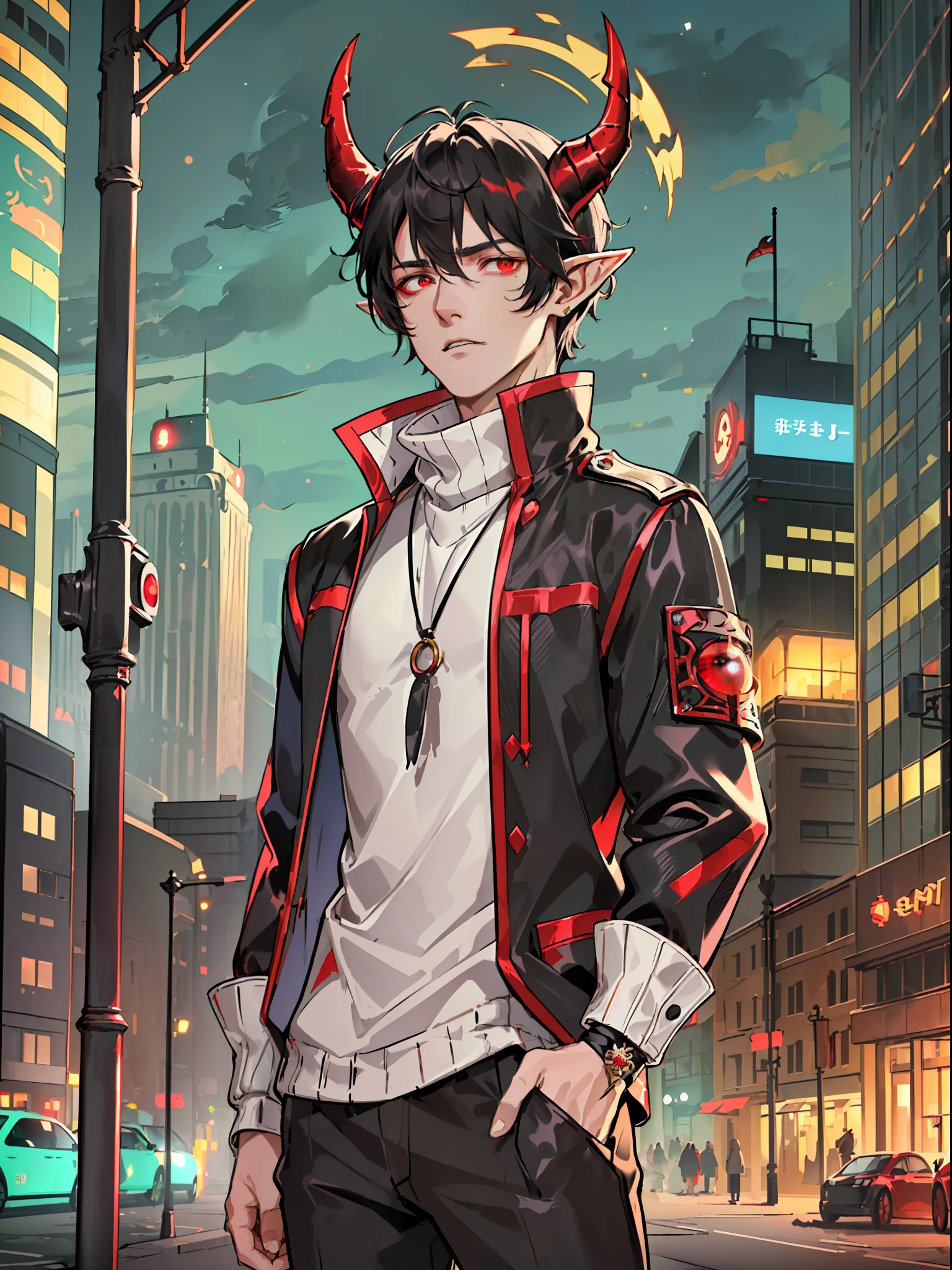 ((highest quality, masterpiece, 4k, finely detailed, detailed eyes, detailed face, intricate details, gelbooru, pixiv)), warm lighting, idol, super idol, super model ((solo)), 1 male, (handsome, masculine, adult man, broad shoulders, tall guy, thin body), ((black hair, messy hair, short hair, bangs)), light skin, sharp features, (elf ears), ((baggy clothes, oversized clothes)), ((demon horns color fading from black to red)), ((sharp eyes, red eye color, tired expression, looking at viewer)), dynamic pose, city background, night sky, moon night, turtleneck sweater, loose pants, oversized parka