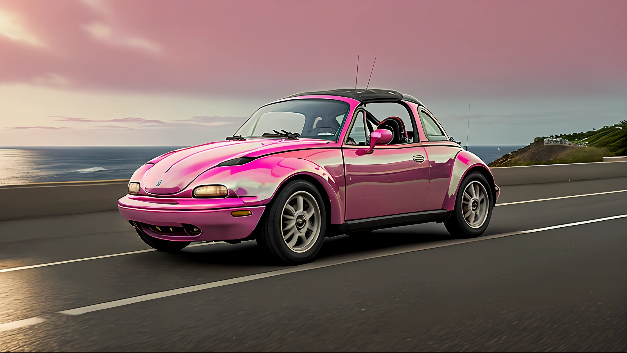 Masterpiece, 8k, high quality, realistic, car, Beetle, pink on a highway overlooking the sea