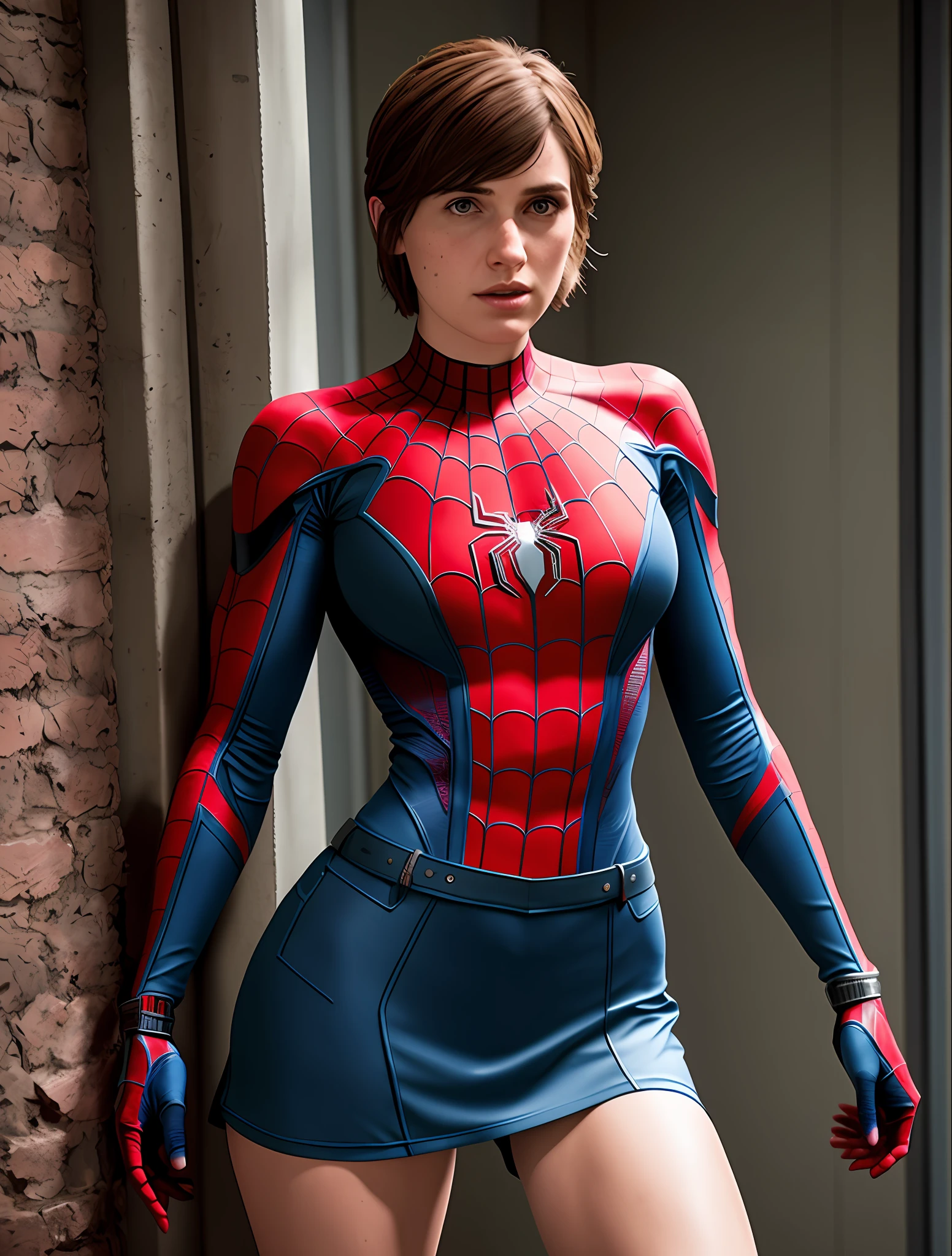 Ellie the last of us in spider-man costume, 20 years old, (miniskirt:1.1), sexy, short hair with bangs, belt, deep neckline, rough face, in new york, shot in dslr, detailed face, wide hips, amazing body, amazing legs, cinematography, maximum details, neutral colors, hdr, soft colors, soft cinematic light, insane details, intricate details, hyperdetailed, full body spider-man costume,  with gloves, detailed face, perfect limbs