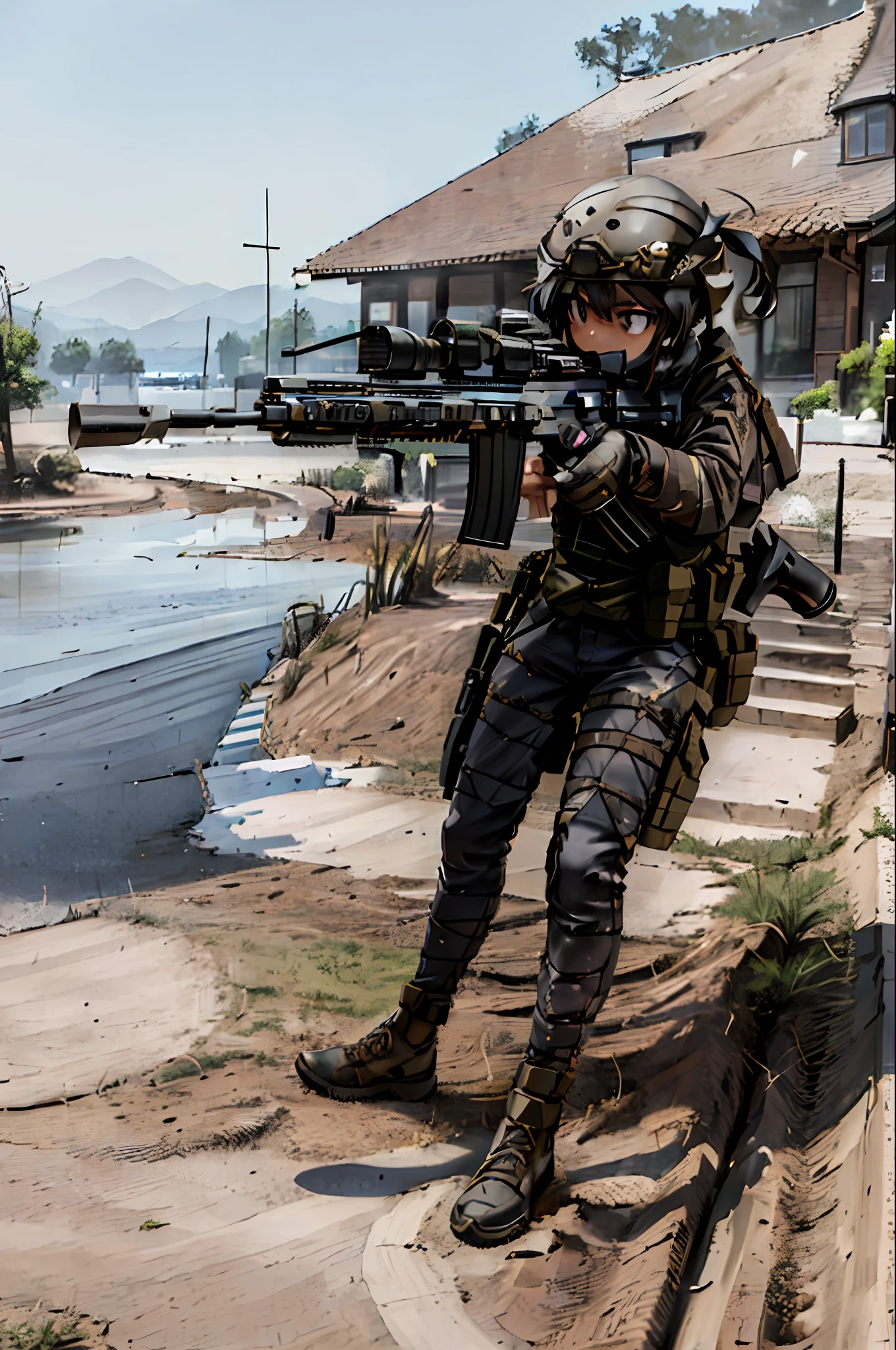 masterpiece, best quality, ultra-detailed, illustration,

1girl, (holding weapon, aiming at viewer, assault rifle, left view:1.5), carbine, open fire, firing,