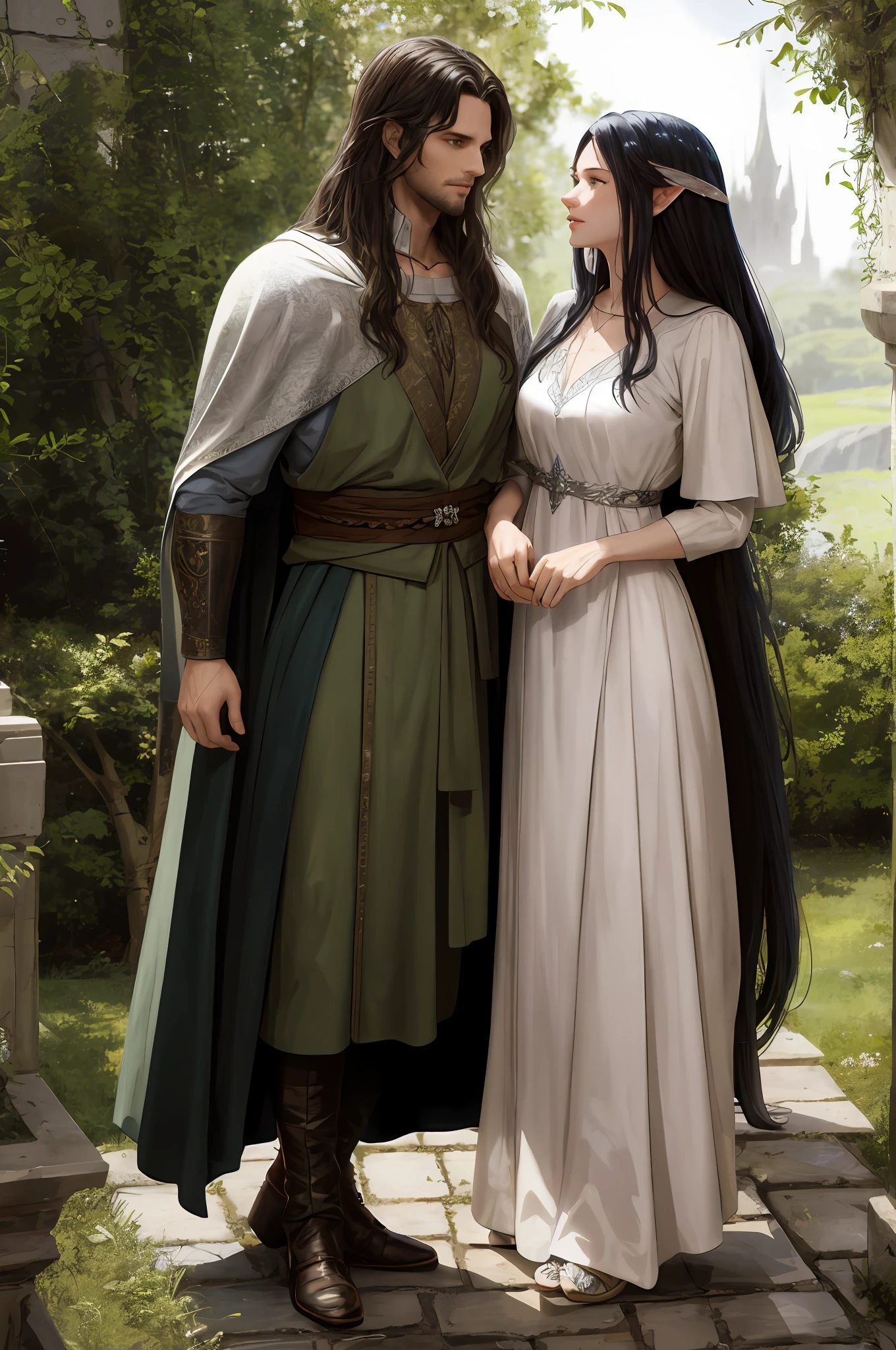 full body portrait of lord of the rings Aragorn(dark blue and silver attire) and Arwen(elf, perfect face, dark hair, stunningly attractive, beautiful), looking at viewer, fantasy white castle, forest.