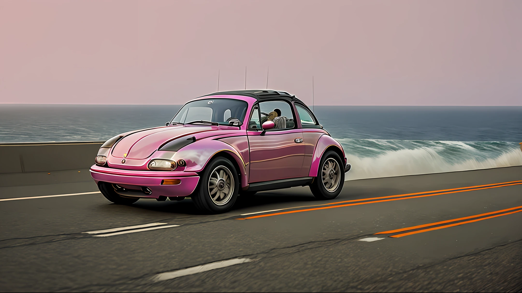Masterpiece, 8k, high quality, realistic, car, Beetle, pink on a highway overlooking the sea
