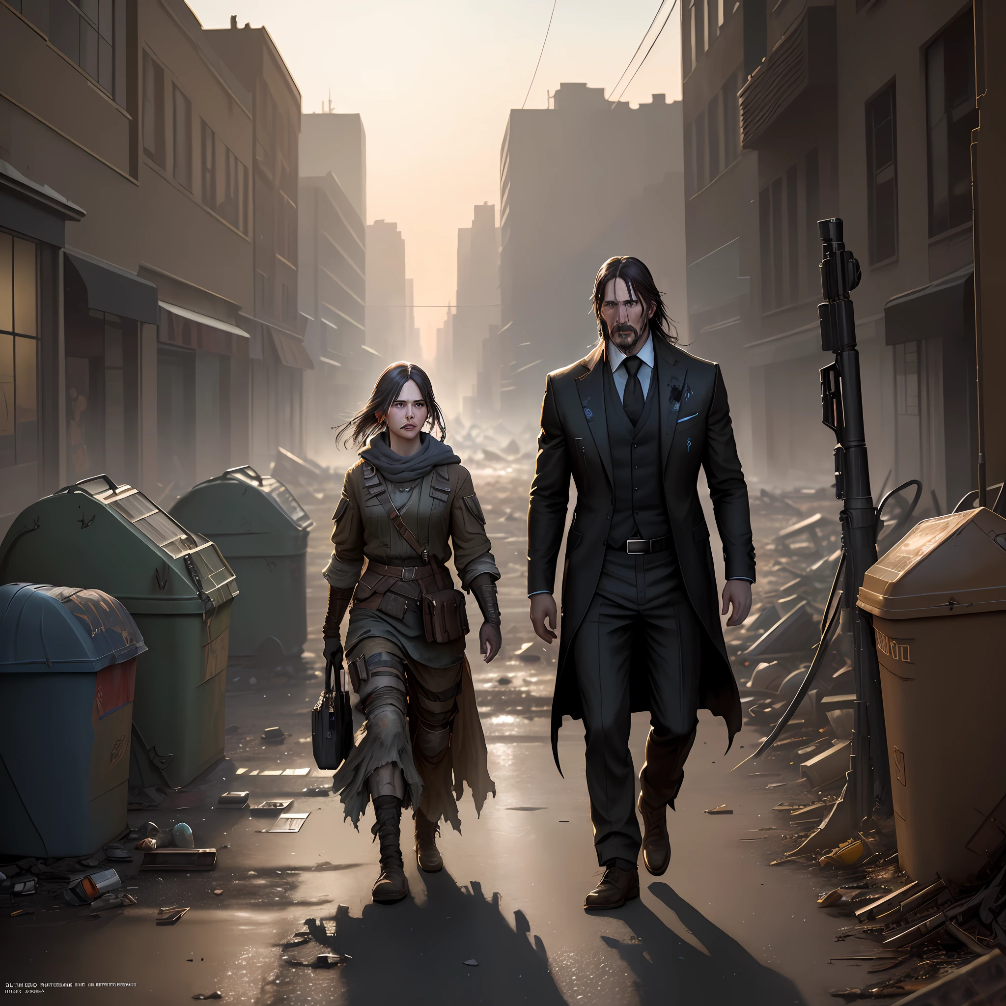 John Wick [mushroom cloud:nuclear explosion:.2] on the horizon by emb-nuke, (highly detailed:1.2),(best quality:1.2),8k,sharp focus,(subsurface scattering:1.1), (photograph at ground level:1.2) (dirty child with torn and tattered clothes crying on a post-apocalyptic street),(dirt and garbage on the street:1.2), (old rusty garbage can on the street:1.2), (abandoned buildings:1.1) (very detailed explosion cloud: 1.2), (highly detailed background: 1.3), RPG, Elden Ring, (scifi: 1.2), (hyperrealistic: 1.2), dramatic lighting, artstation, artgerm, greg rutkowski, alphonse mucha, trend at artstation, trend at deviantart, wlop