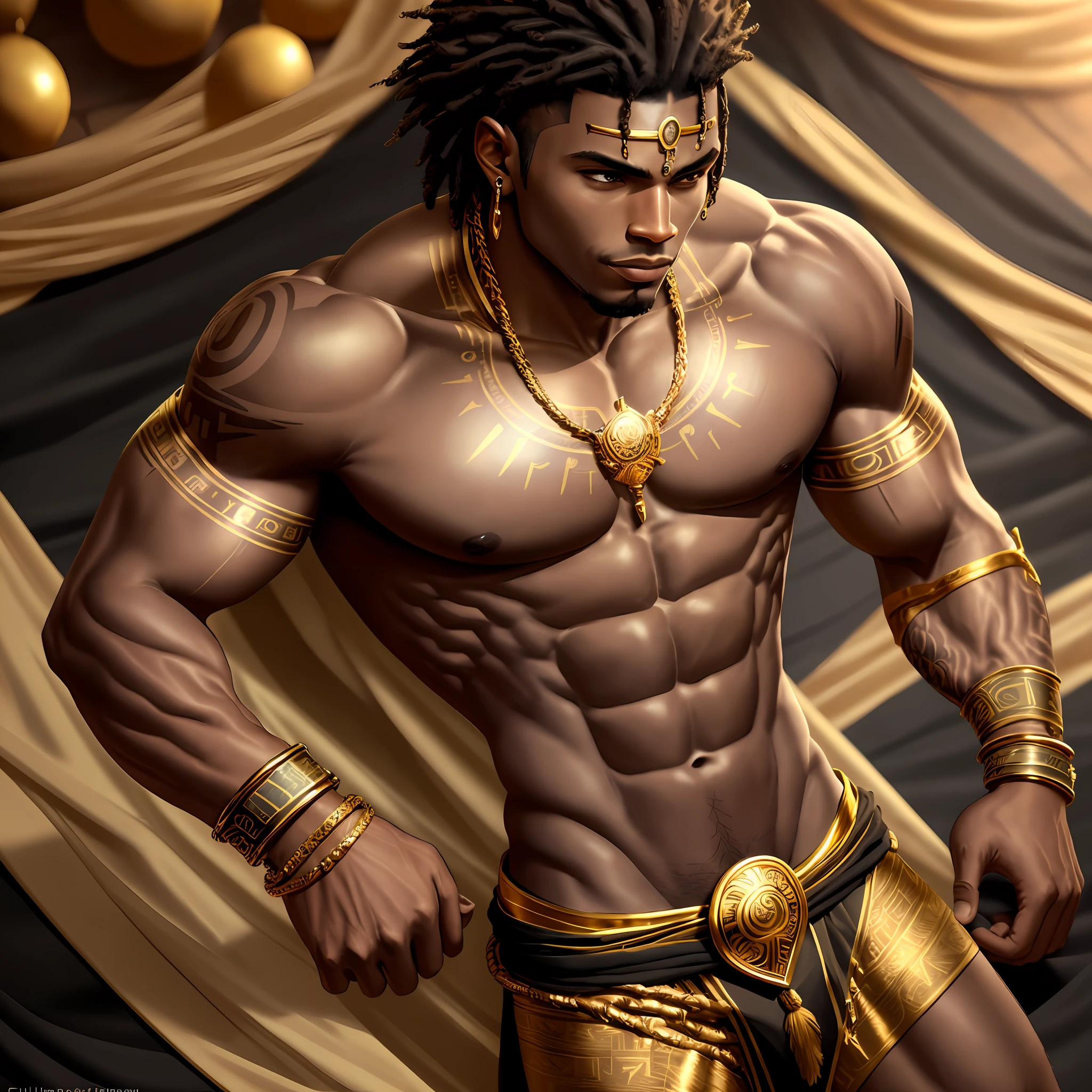 black male, athletic, fit, shirtless, golden bracelets, golden circlet, loincloth, tribal tattoos