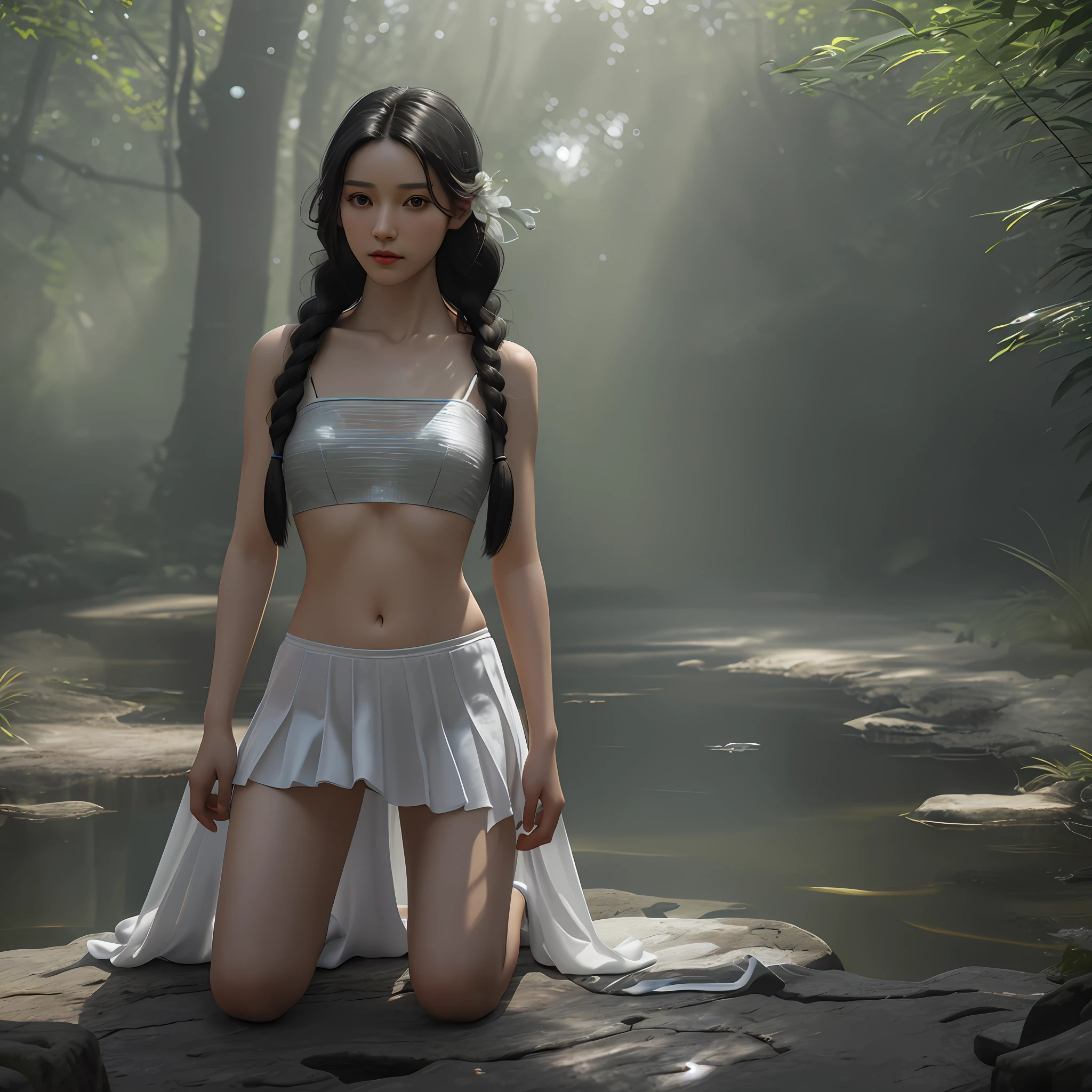 ((a pretty girl)), sexy, black hair, two braids, very thin, collarbone, belly button, round breasts, microskirt, cropped top, semi-transparent, arms behind the head, shy, ((looking at the viewer)), (kneeling: 1.4), (groin: 1.7), (groin: 1.5), Venus cleft, (cameltoe), natural light, extremely detailed, 8yk, raw photo, high level of detail, (ray tracing), (masterpiece), (best quality), high resolution, (realistic: 1.4), physically based representation,  ultra-realistic, full body