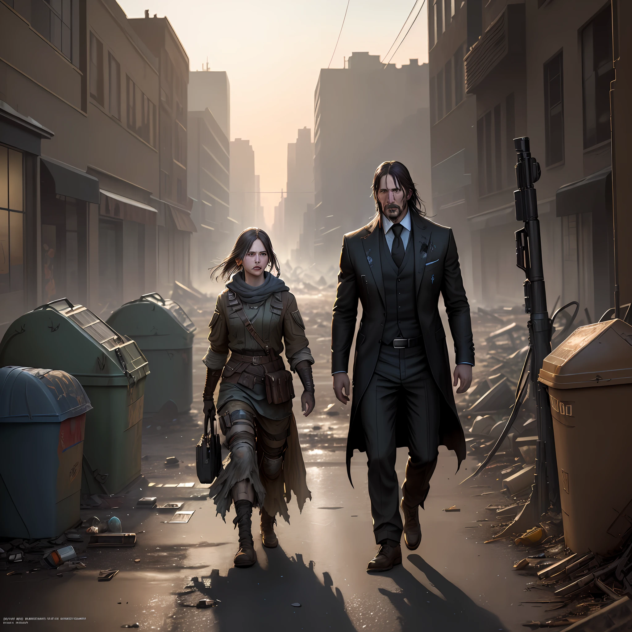 Realistic John Wick [mushroom cloud:nuclear explosion:.2] on the horizon by emb-nuke, (highly detailed:1.2),(best quality:1.2),8k,sharp focus,(subsurface scattering:1.1), (photograph at ground level: 1.2) (dirty child with torn and tattered clothes crying on a post-apocalyptic street),(dirt and garbage on the street:1.2), (old rusty garbage can on the street:1.2), (abandoned buildings:1.1) (very detailed explosion cloud: 1.2), (highly detailed background: 1.3), RPG, Elden Ring, (scifi: 1.2), (hyperrealistic: 1.2), dramatic lighting, artstation, artgerm, greg rutkowski, alphonse mucha, trend at artstation, trend at deviantart, wlop