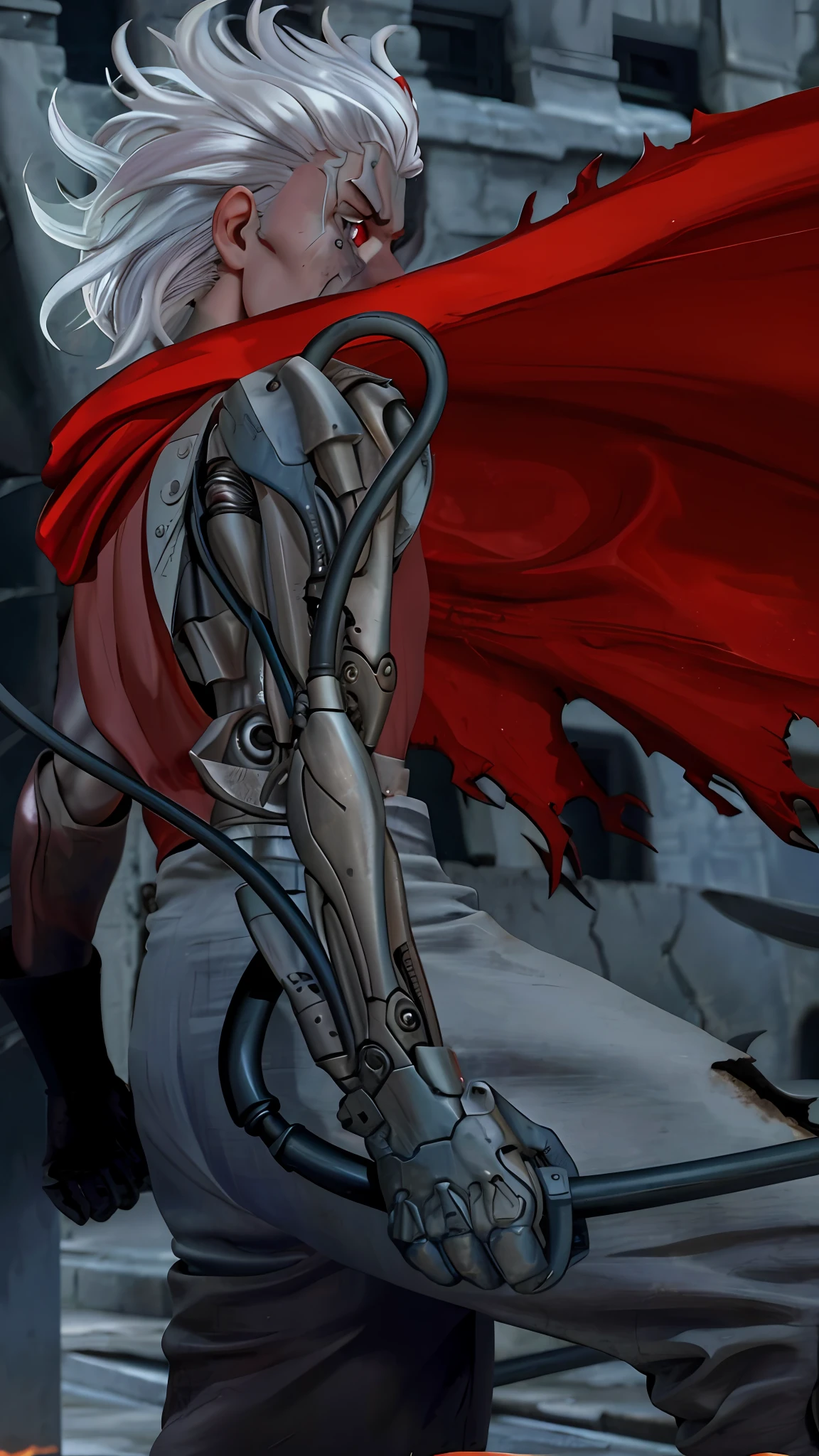 Picture of a man in a red cloak, Elric in Melnibone, red biomechanical detail, style by Yoshitaka Amano, photorealistic, full body close-up, mechanical arm, (gray-haired youth), (glaring eyes), (perfect eyes), high definition, high image quality, 8K, back figure, youth, male, young, (((silver-haired))