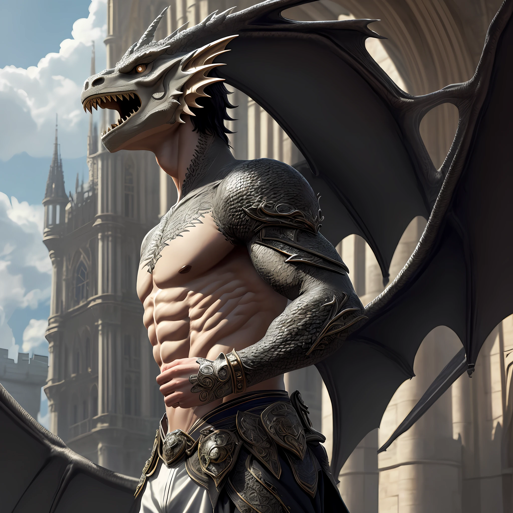 Best Quality, Masterpiece, Photorealism, Intricate Details, Photon Rendering, Octane Rendering, Ultra Detailed, Detailed Skin, ArtStation Trends, 8K Masterpiece, Cinematic Lighting, ((1boy)),((Solo)),(looking_at_viewer)),CG Society Trend,Plasticien,((Black Hair)),(Handsome Man)), Abs, Perfect Body, White Tuxedo, Ultra Detailed Face, Detailed Lips, Detailed Hands, Detailed Legs, Detailed Eyes, castle day, dragon horns european dragon, european dragon, guy looking away, dragon wings