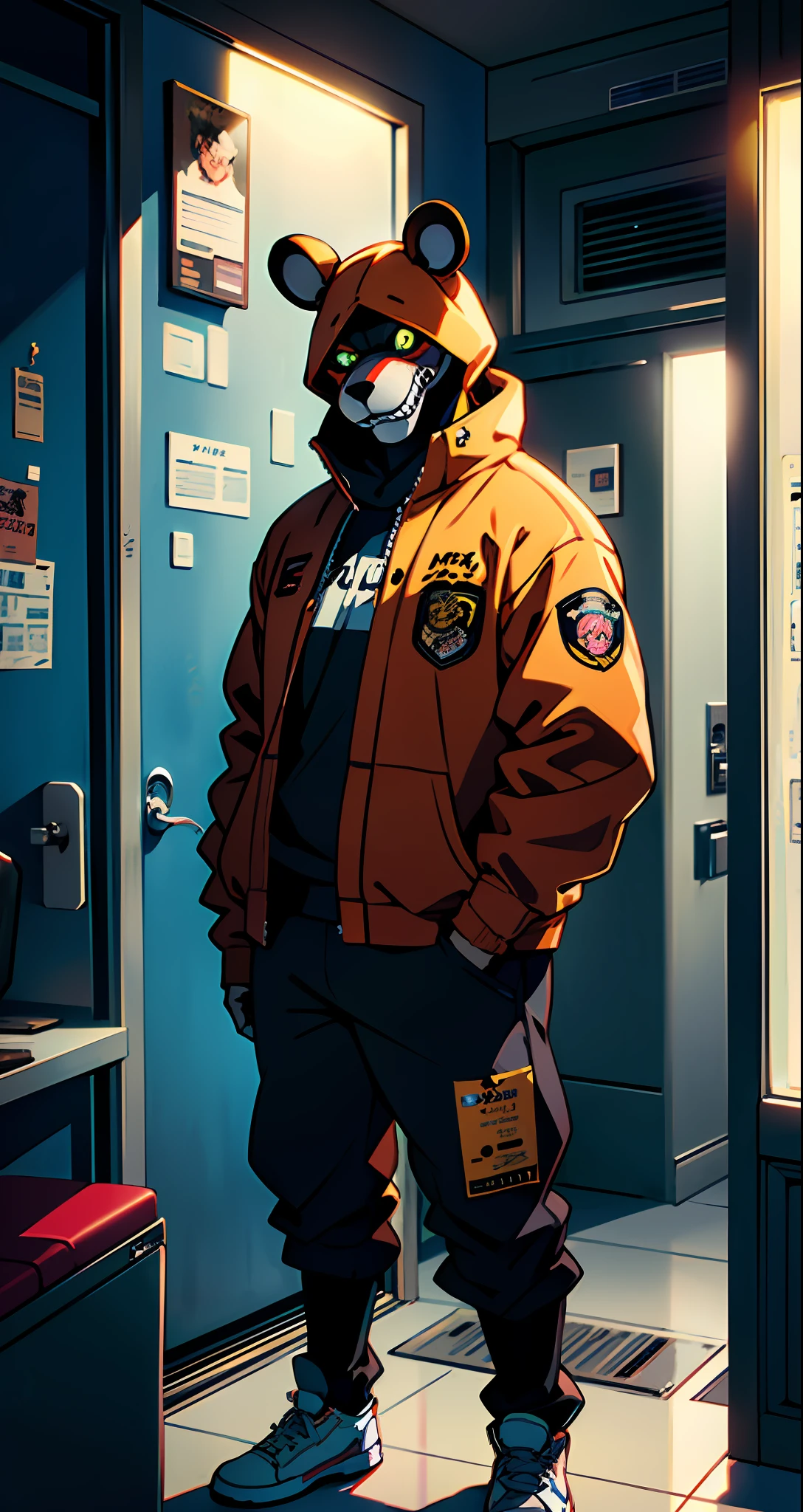A suspenseful piece set in a kid's pizzeria where four animatronics roam around during the night, searching for their next victim. Dressed in anime-style, the animatronics stand out with their custom attires. The player, a security guard, waits behind a desk, door controls to their left, and an eerie darkness to the right as they keep a close watch on the animatronics' every move. ((Anime-style is emphasized))) (Five Nights at Freddy's)