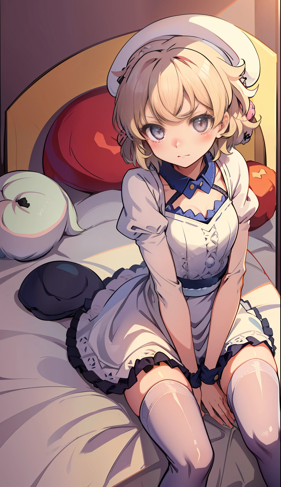 (iwanagadress:1.2), (iwanagakotoko:0.9),(beret:1.8), embarrassed, 
iwanaga kotoko, 1girl, 
a girl laying down on a bed, 1girl, ultra detailed, high quality, indoors, bedroom, bed, cute, blushing, beautyful face, beautyful body, white dress, blonde hair, short hair, white stocking, beautyul legs, beautyful arms, detailed body, iwanaga kotoko, anime, blushing