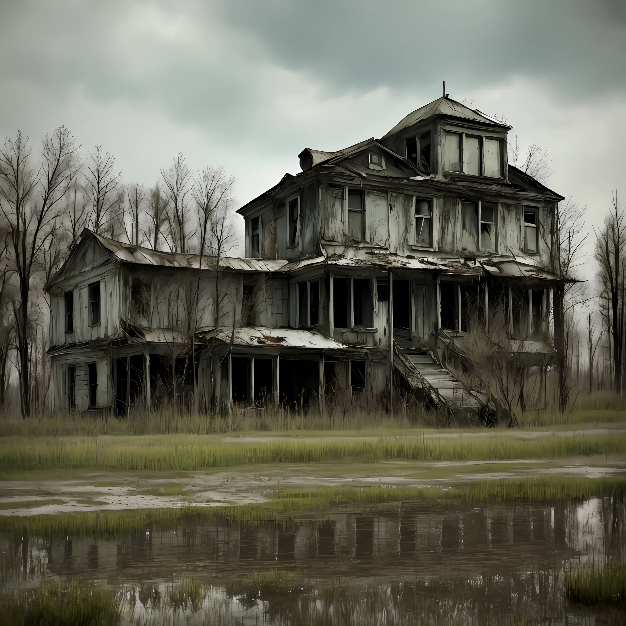 swamp, abandoned old house in soviet style, movie style, post apocalypse