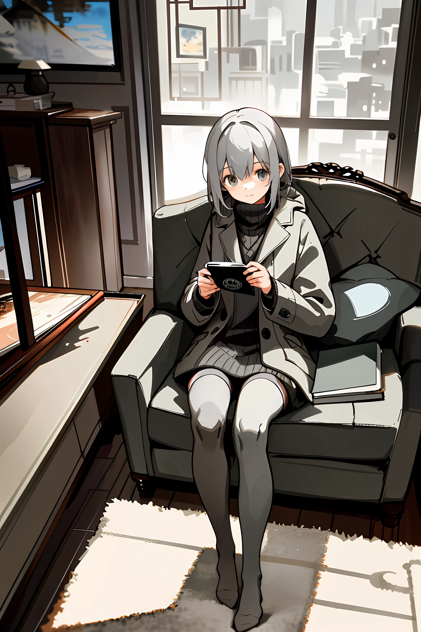 A girl with a gray wool coat, thigh-high gray wool socks, is in the living room on a cozy rug, warm and comfortable. The atmosphere is inviting as she is engrossed in a book, with a cup of coffee resting beside her.
Artwork, conceptart, art, cute style
