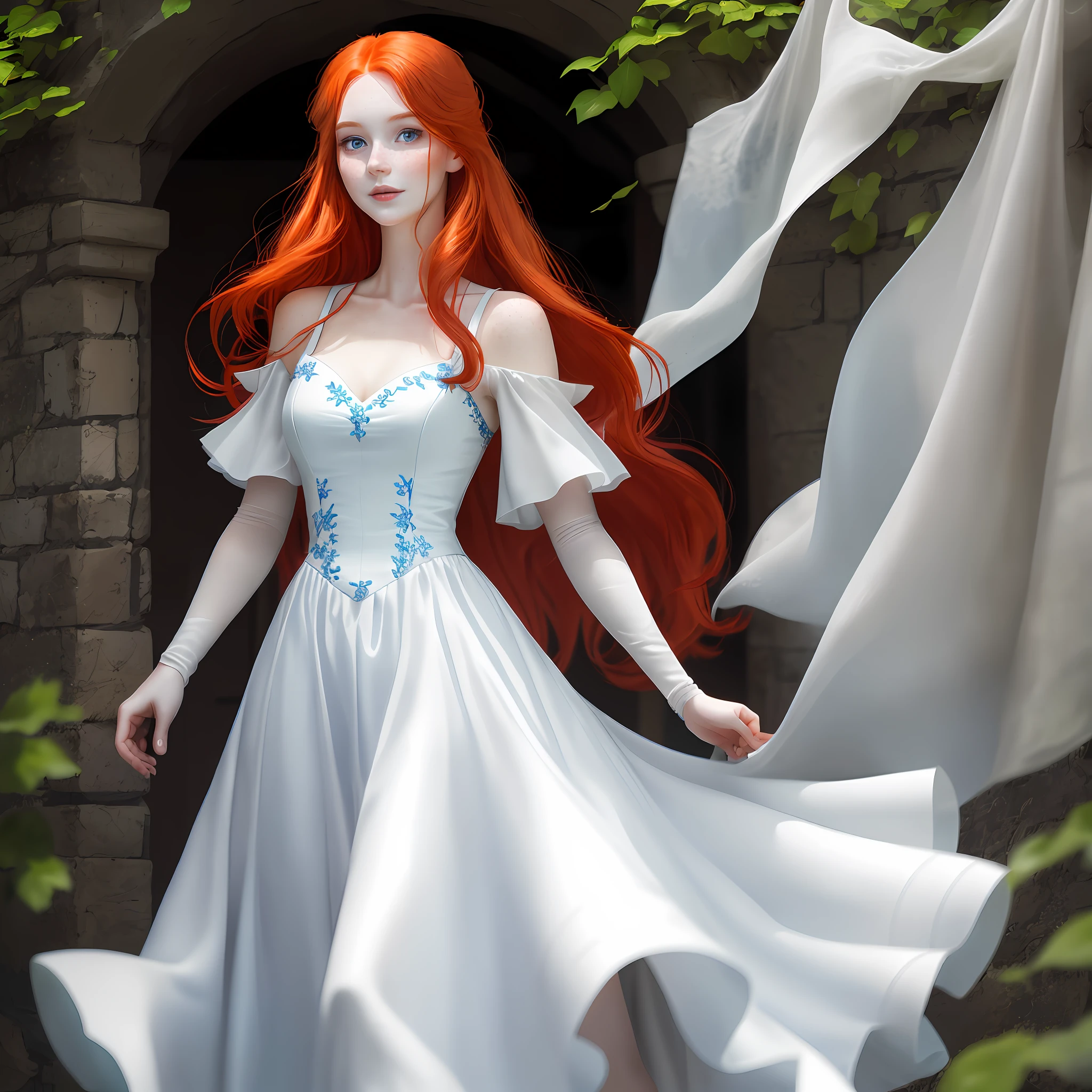 is a captivating young woman. She stands at a height of 5'6" with a slender and graceful build. fiery red hair flows down gently, Her pale skin is adorned with a sprinkling of freckles, giving her a youthful and enchanting charm. eyes a captivating shade of blue. Realistic. Photography.