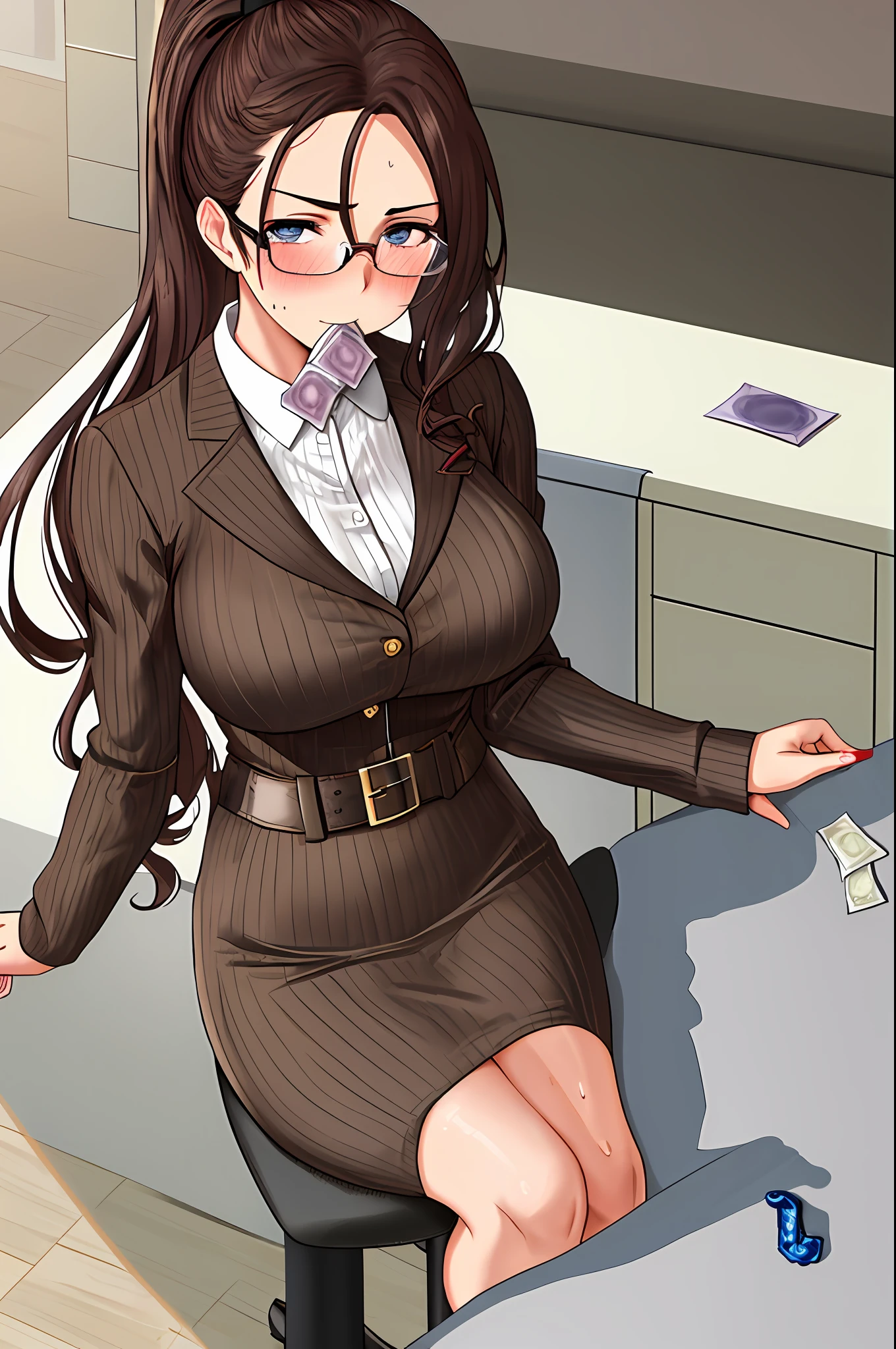 masterpiece, best quality, detailed face, detailed eyes, HULisa, brunette hair, ponytail, glasses, semi-rimless glasses, ribbed sweater, office, desk, computer, sitting, office lady, office chair, mini skirt, pantyhose, ((sweaty blush, big breasts, biting on the condom, holding the condom, condom on the chest, money on the floor))