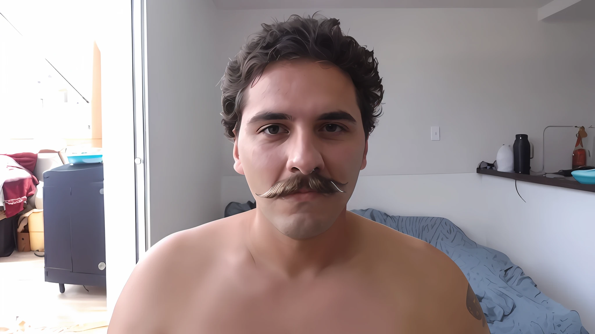 There is a man with a mustache on his face in a castle, no mustache, front frame, beard on his neck, thin mustache, with mustache, no facial features, no beard and mustache, natural mustache, Mexican mustache, about 1 9 years old, with trimmed mustache, short facial hair, clean shaved broad face, tiny thin mustache, mustache, no beard, Best quality, masterpiece, no expression,  ultra high res, detailed background, realistic, 1man, solo, male, muscular, mature male, short hair, facial hair, sitting, tree, forest, real shadow and light, depth of field, chest, underwear