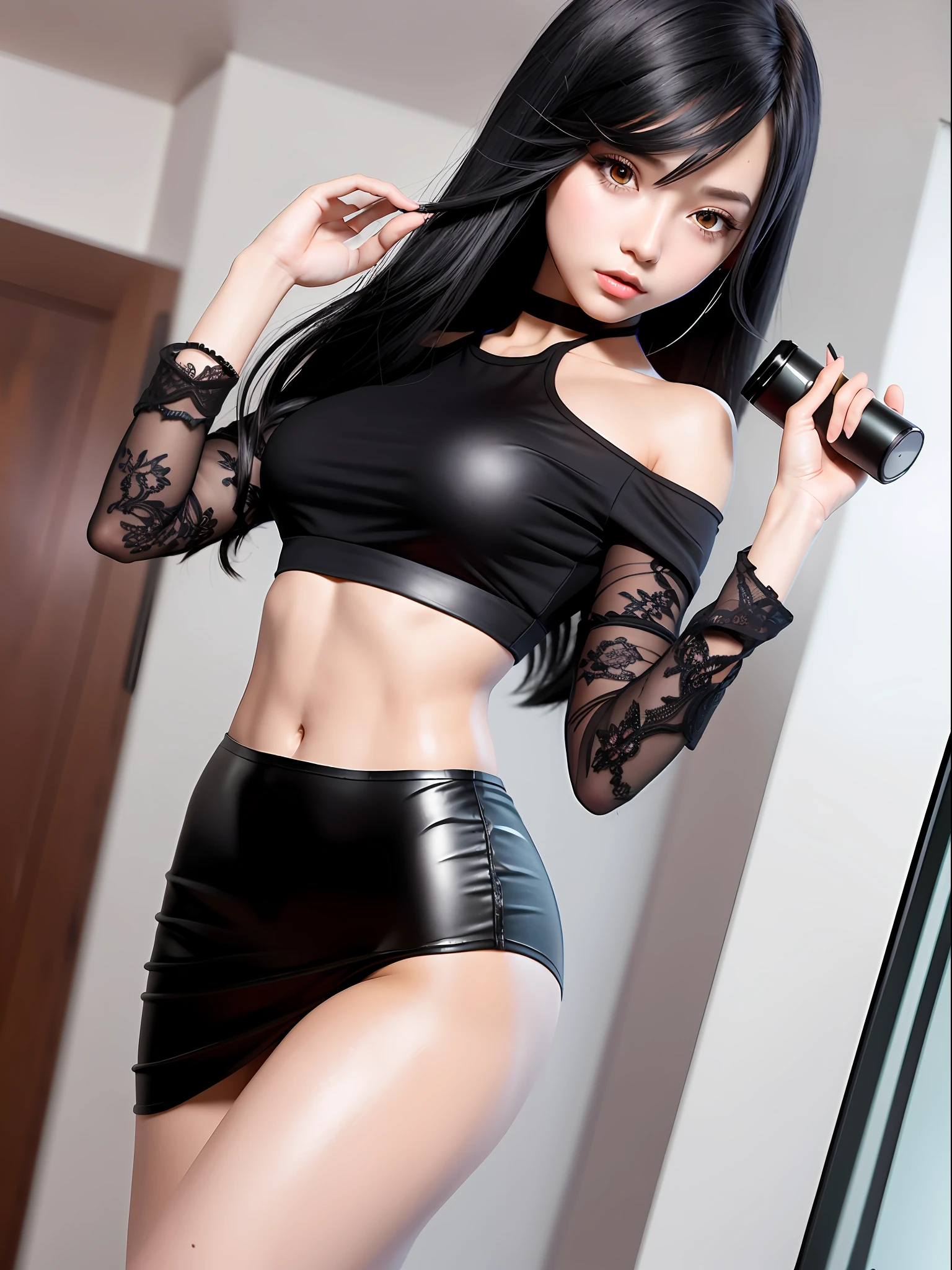 1 girl, single character, super high-quality CG art style, charming figure, , full of irresistible exotic charm.long short black hair,six pack,adult 25