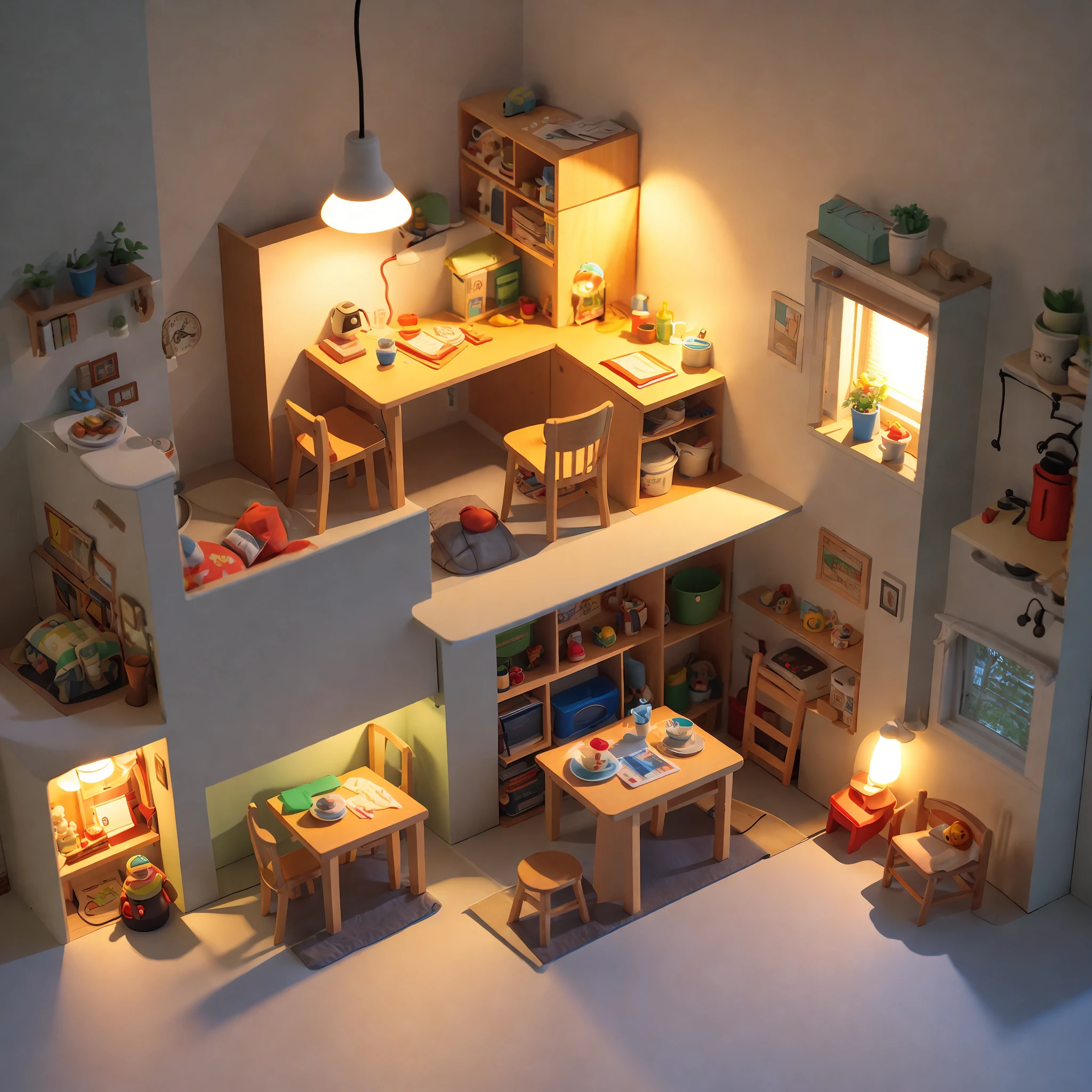 (Pixar style),A model of a cozy small room, miniature figure model, light source from right to left, Rumbrandt lighting, light source from right to left, (isometric view), (top-down), realistic scale, post-processing, ((orthogonal perspective)), super detail, realistic, super realistic, realistic render, rainbow