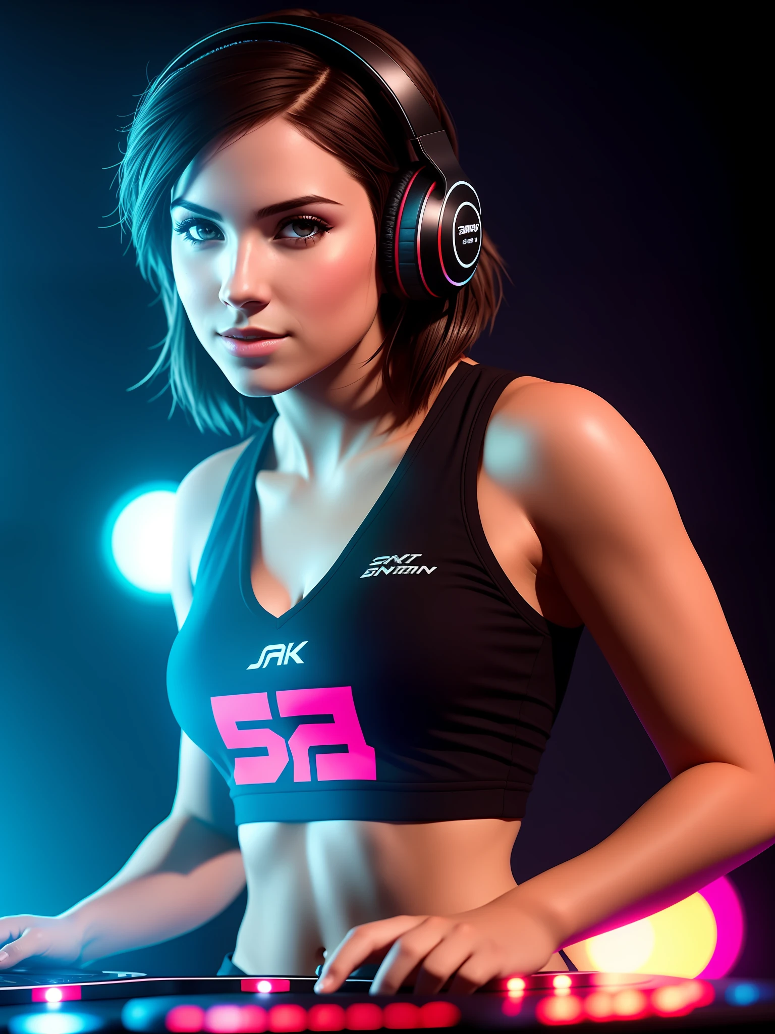 ssdarts a female dj with headphones, performing live on stage on a shiny dj turntable, dynamic pose, extatic, sweaty skin, sweaty clothes,wet short hair,smile, red logo on her chest ,dark athmosphere, Hyper-Realistic, Hyper-Detailed, best quality masterpiece, photorealistic, detailed, sharp focus, 8k, HDR, shallow depth of field, broad light, high contrast, backlighting, bloom, chromatic aberration, sharp focus,Artgerm, Greg Rutkowski, 35mm