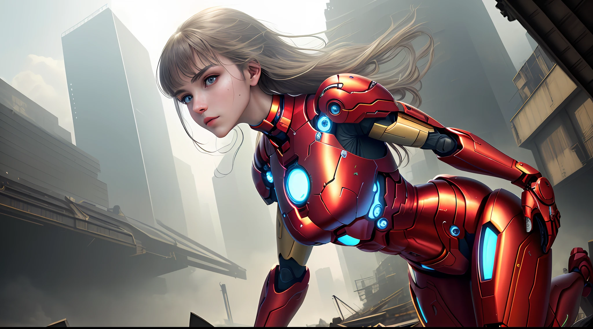 RAW, Masterpiece, Ultra Fine Photo,, Best Quality, Ultra High Resolution, Photorealistic, Sunlight, Full Body Portrait, Stunningly Beautiful,, Dynamic Poses, Delicate Face, Vibrant Eyes, (Side View) , she is wearing a futuristic Iron Man mech, red and gold color scheme, highly detailed abandoned warehouse background, detailed face, detailed and complex busy background, messy, gorgeous, milky white, high detailed skin, realistic skin details, visible pores , sharp focus, volumetric fog, 8k uhd, dslr camera, high quality, film grain, fair skin, photorealism, lomography, sprawling metropolis in futuristic dystopia, view from below, translucent