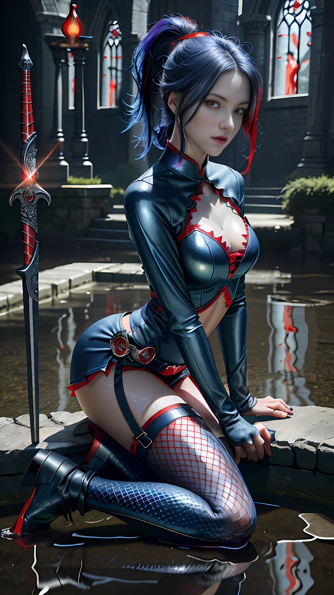 Perfect waist cut, Large breasts, Warrior girl with a small short sword on hand, Skimpy leather glossy clothes ,dark blue hair with red highlights, (perfect nose), Seductive gaze, dark blue boots on high heels with red highlights, (Best Illustration), 8k Resolution, Intricate Details, Best Quality, Realistic, Ultra Detailed, Best Lighting, Best Shadows, Ultra HD, A Necromancer style, Night, Magic, Dark Style, Vampire, (shining red eyes:1.6), masterpiece, high_res, Beautiful face, tyndall effect, photo realistic, (high detailed skin:1.2), 8k uhd, dslr, high quality, Photograph, high resolution, 4k, 8k, Bokeh, absurdres, ponytail contorted, best ratio four finger and one thumb, front view, dark blue hair gorgeous, perfect proportional skinny fitness body, full body view, wet skin, wet clothes, dark cathedral baground scenery, huge bobs, belly muscle, long fit perfect legs, fishnet dark red Stockings, realistic reflection in the water