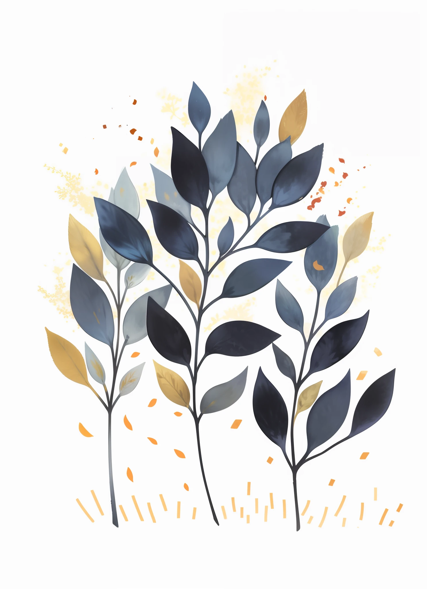 Branches with blue and gold leaves; Open a new tab Hand-drawn watercolor drawing of branches with blue and gold leaves