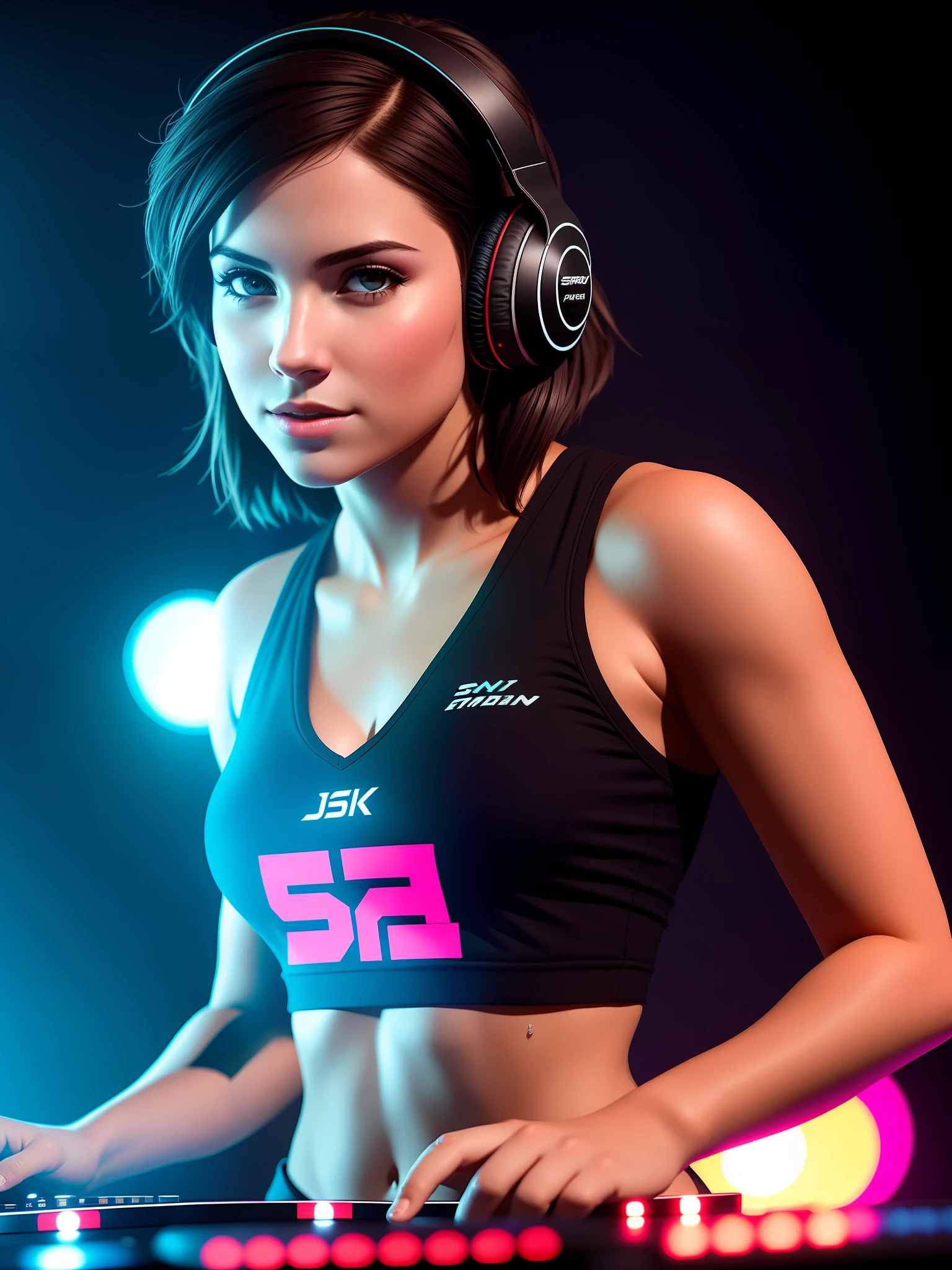 ssdarts a female dj with headphones, performing live on stage on a shiny dj turntable, dynamic pose, extatic, sweaty skin, sweaty clothes,wet short hair,smile, red logo on her chest ,dark athmosphere, Hyper-Realistic, Hyper-Detailed, best quality masterpiece, photorealistic, detailed, sharp focus, 8k, HDR, shallow depth of field, broad light, high contrast, backlighting, bloom, chromatic aberration, sharp focus,Artgerm, Greg Rutkowski, 35mm