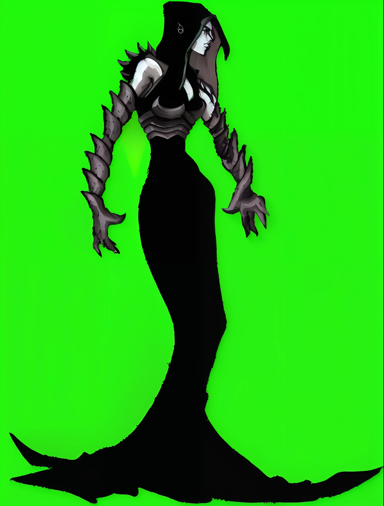 a drawing of a woman in a black dress with a green background, realistic photo,full body pose dark sorceress, villain pose, dark sorceress full vision, mermaid cyborg with a laser whip, queen of blades, hybrid snake woman, shaded adult cell animation, dark goddess with six arms, wearing witch blade armor,  serpentine pose, flow style mix æon