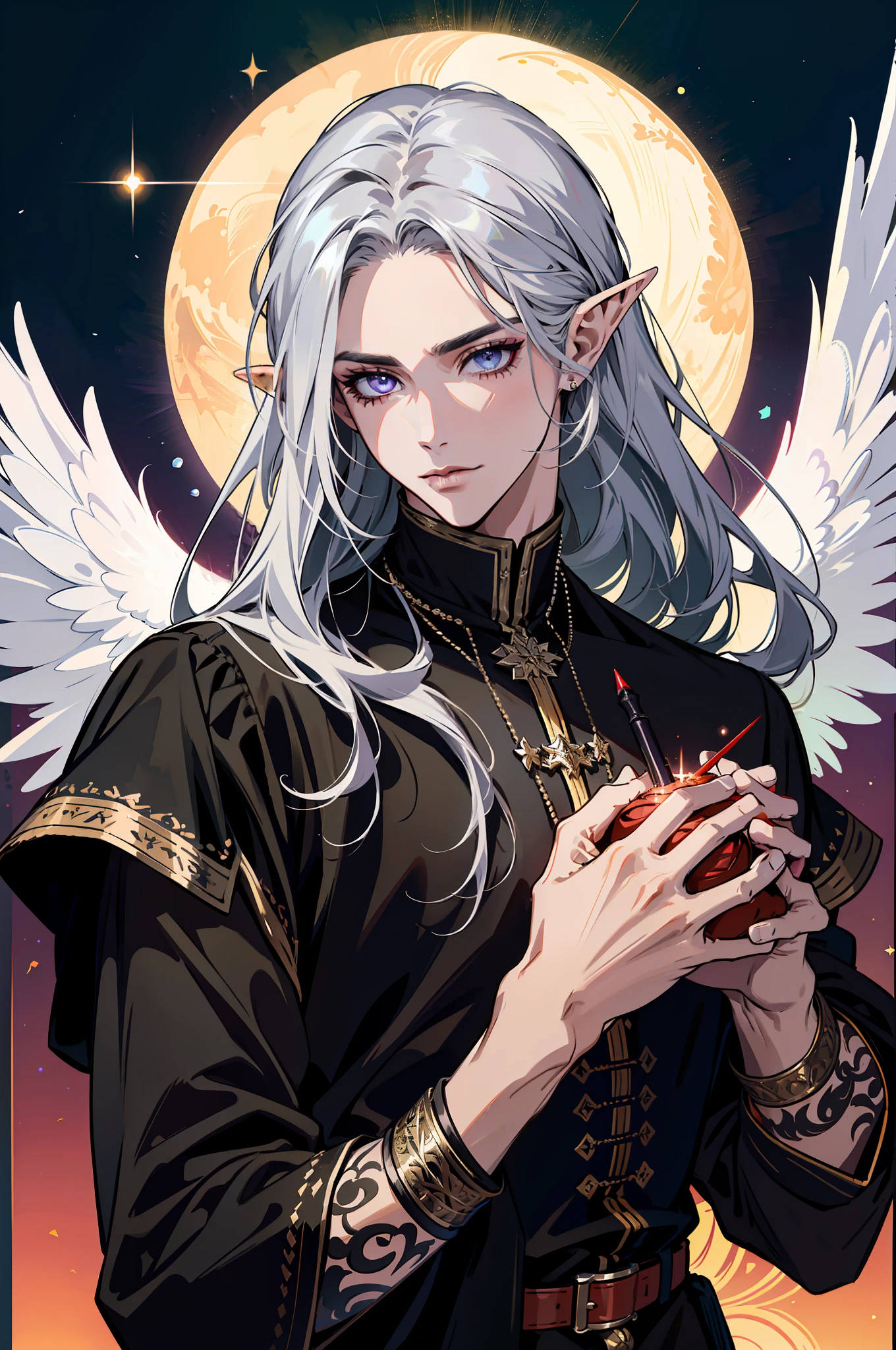 (absurdres, highres, ultra detailed), 1 male, adult, handsome, tall muscular guy, broad shoulders, finely detailed eyes and detailed face, red color long hair, fantasy, complex pattern, detailed face, black wings, lens flare, colorful, black clothes, silver bracelets and accessories, prism, glowing, glitter, particles, bloom, likes to celebrate and have fun, enjoys nature, bright and gothic outlook, creative and adventurous spirit, represents happiness and harmony, elf ears, violet eyes