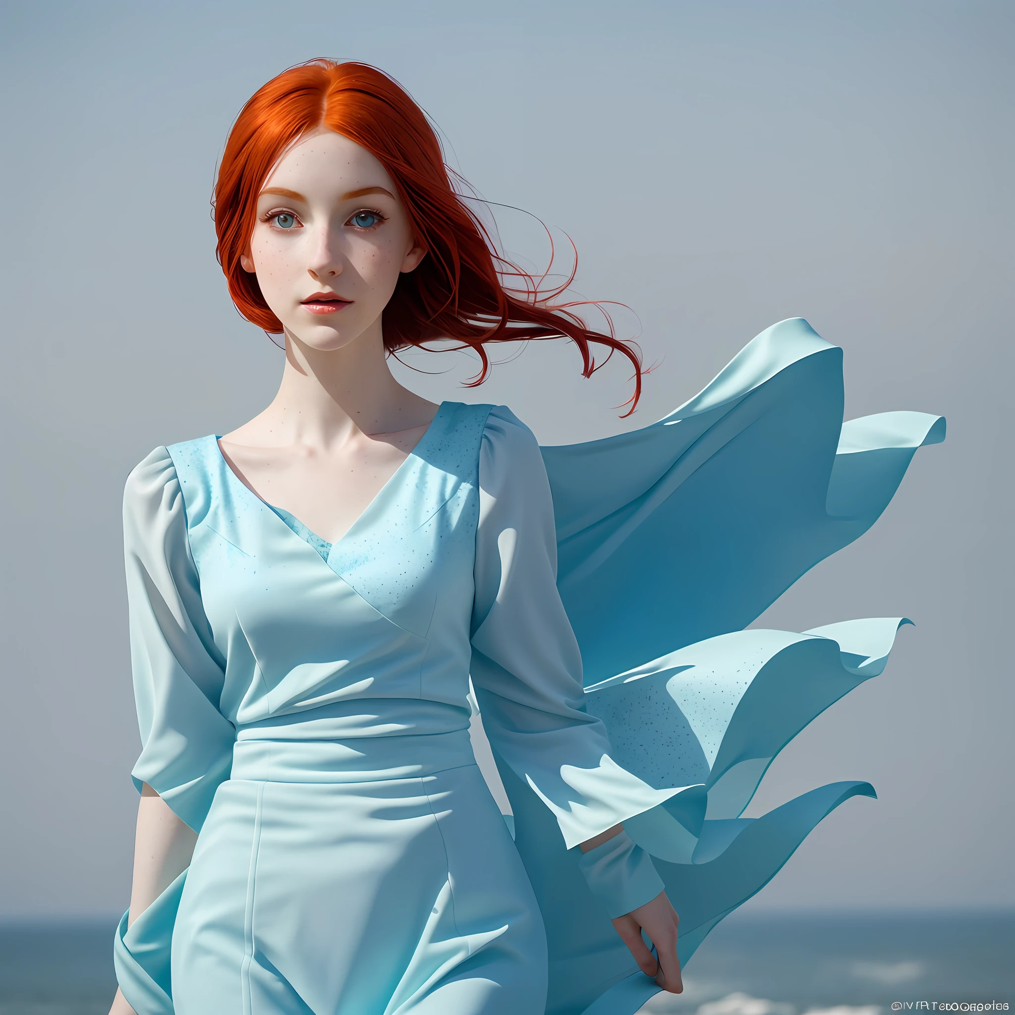 She stands at a height of 5'6" with a slender and graceful build. fiery red hair flows down gently, Her pale skin is adorned with a sprinkling of freckles, giving her a youthful charm. eyes a captivating shade of blue. Realistic. Photography.